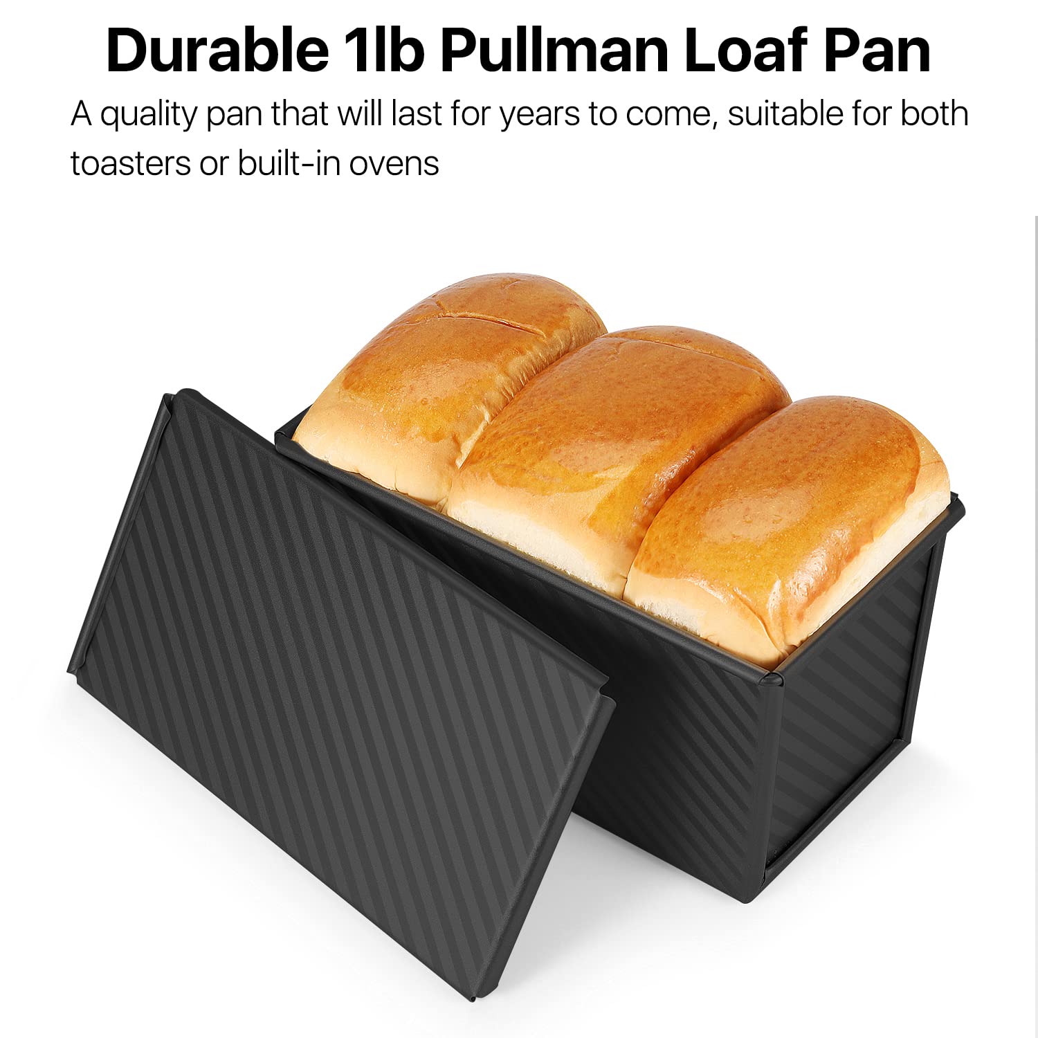 Flexzion Pullman Loaf Pan With Lid Bread Loaf Pan For Homemade Bread 1Lb Dough Capacity Black Corrugated Square Bread Mold, Cake