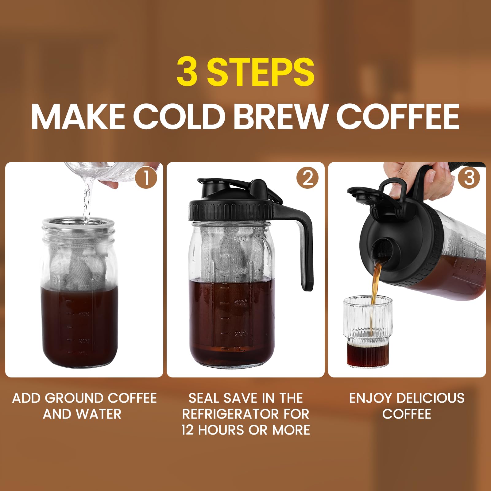 QHH Cold Brew Coffee Maker, 64 oz Gray Mason Jar Pitcher with Stainless Steel Filter, Airtight & Leak-Proof Design