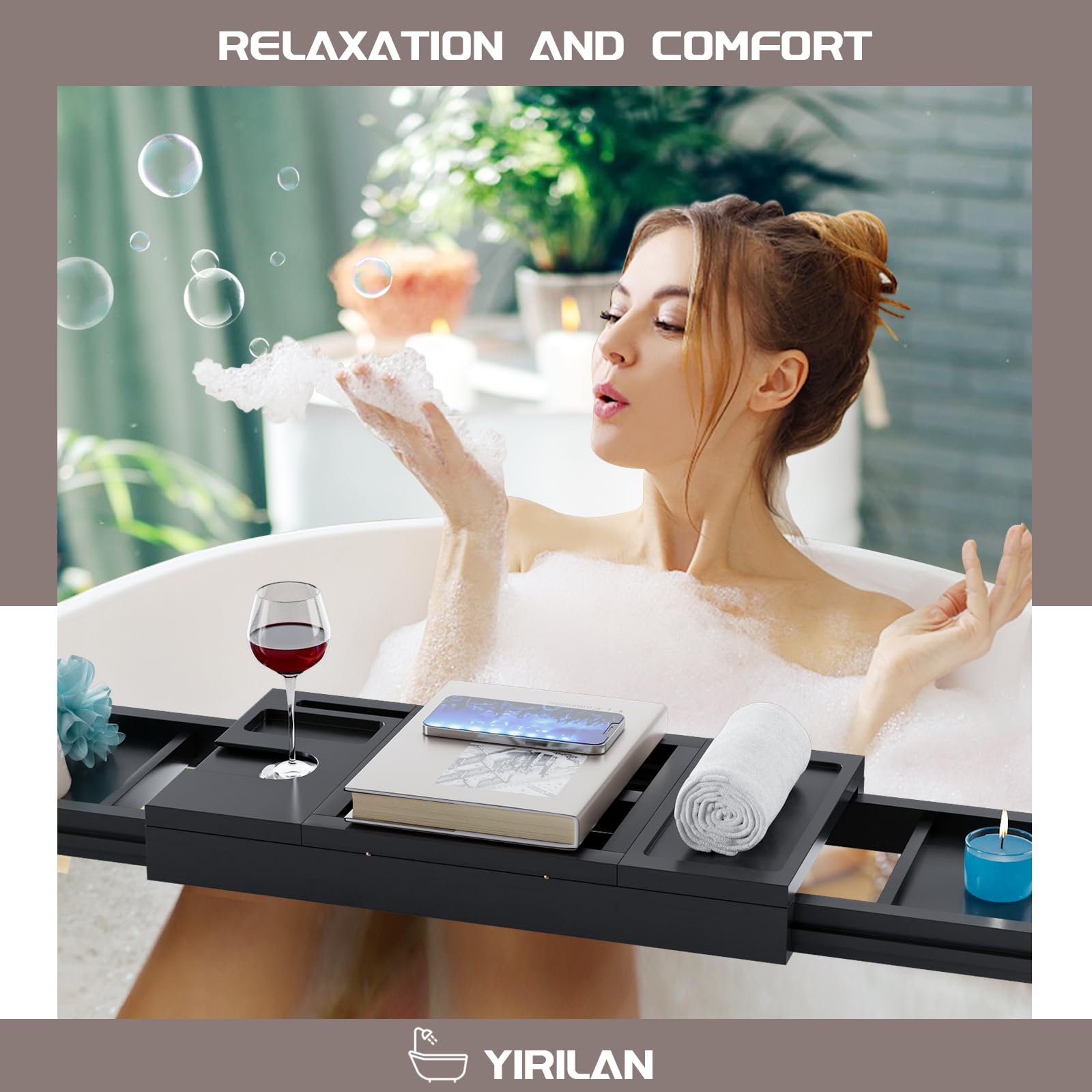 Yirilan Bamboo Bathtub Tray, Expandable Bathroom Tray, Waterproof Tray Caddy, Perfect Bath Caddy For Home Spa, Gift For Loved On