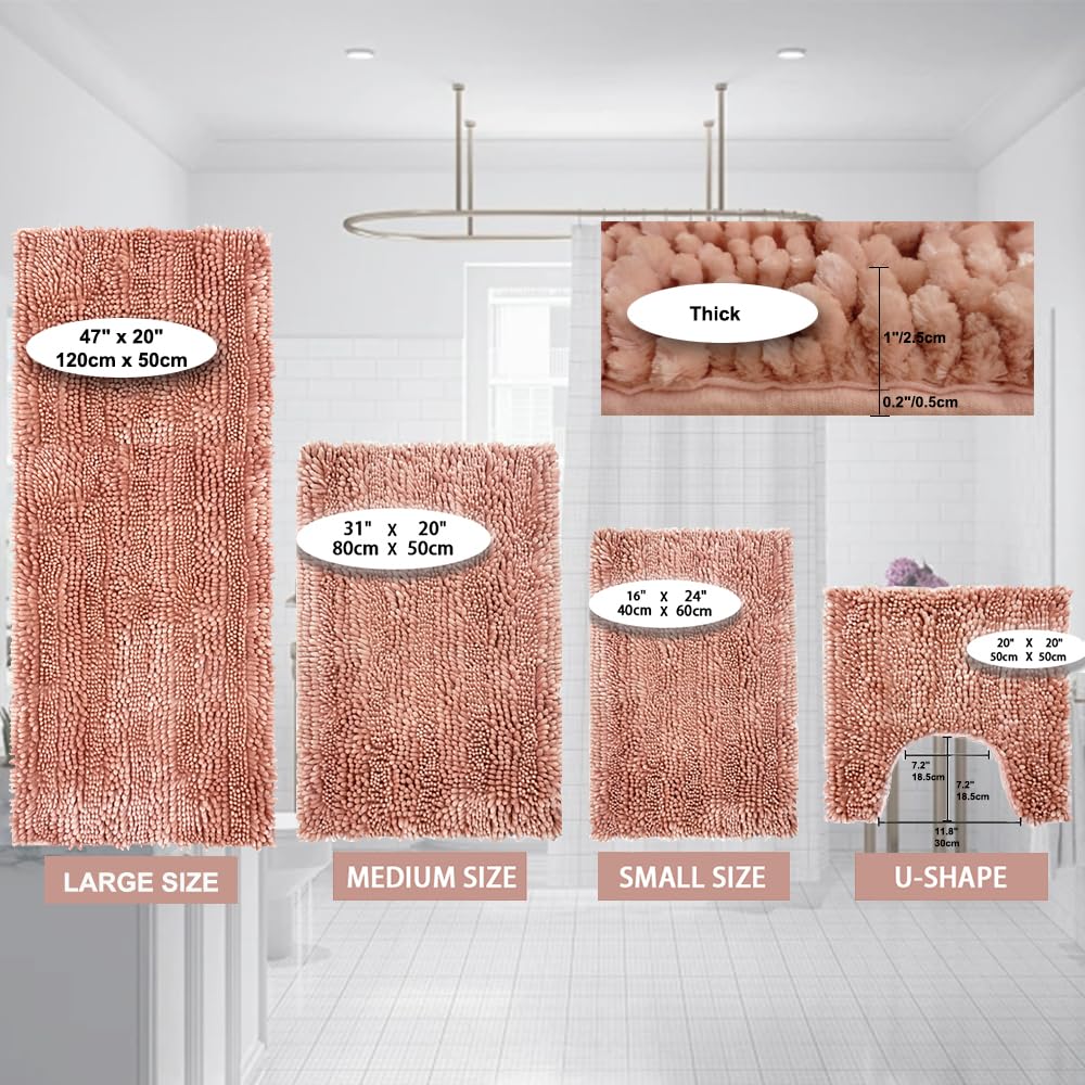 Civkor Bath Mats for Bathroom Pink Bathroom Rugs Runner Long Chenille Bathroom Rug Set 47x20 Plus 31x20 Non Slip Backing Extra Soft & Absorbent Thick Shaggy Floor Mats  Machine Washable