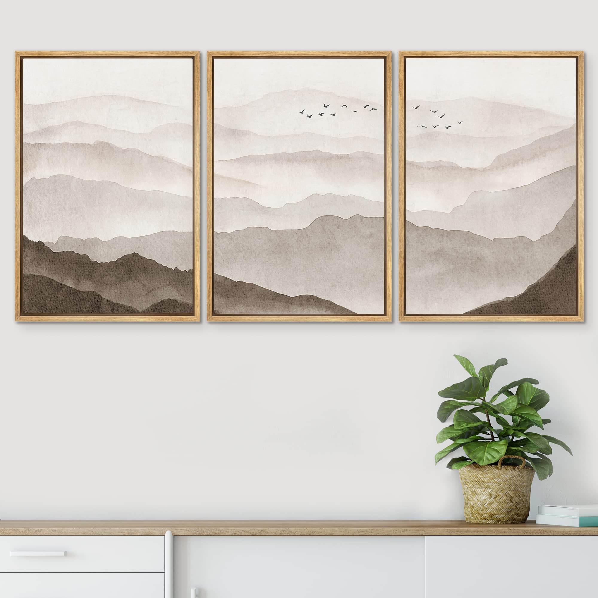 Signwin Framed Canvas Print Wall Art Set Brown Watercolor Fog Mountain Range Nature Wilderness Illustrations Modern Art Decorati