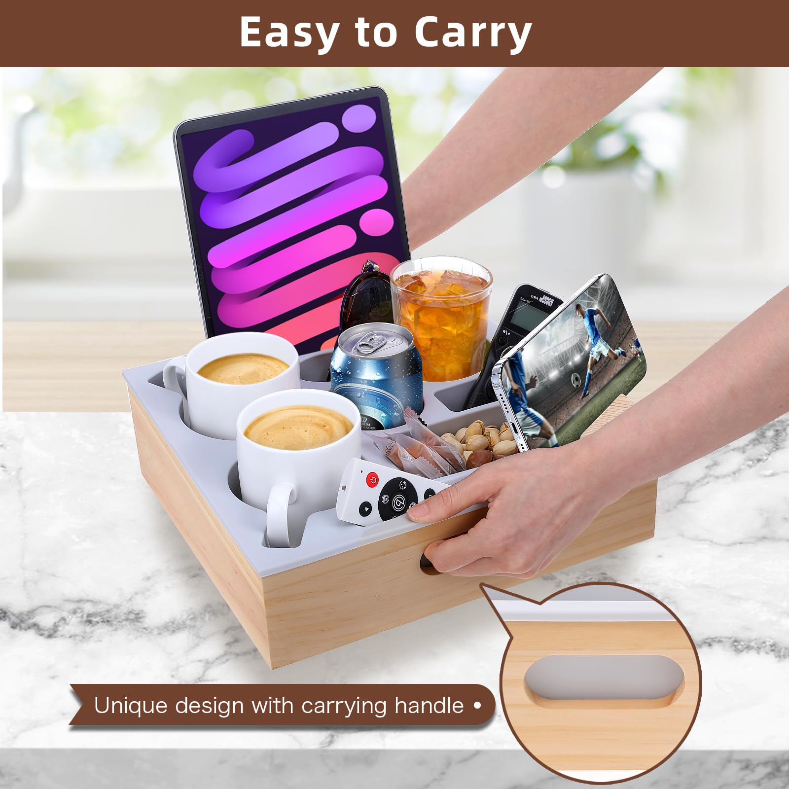 Couch Cup Holder, Couch Caddy With Rotatable Phone Holder, Wooden Sofa Cup Holder With Carrying Handle For Bed Car Beach Organiz