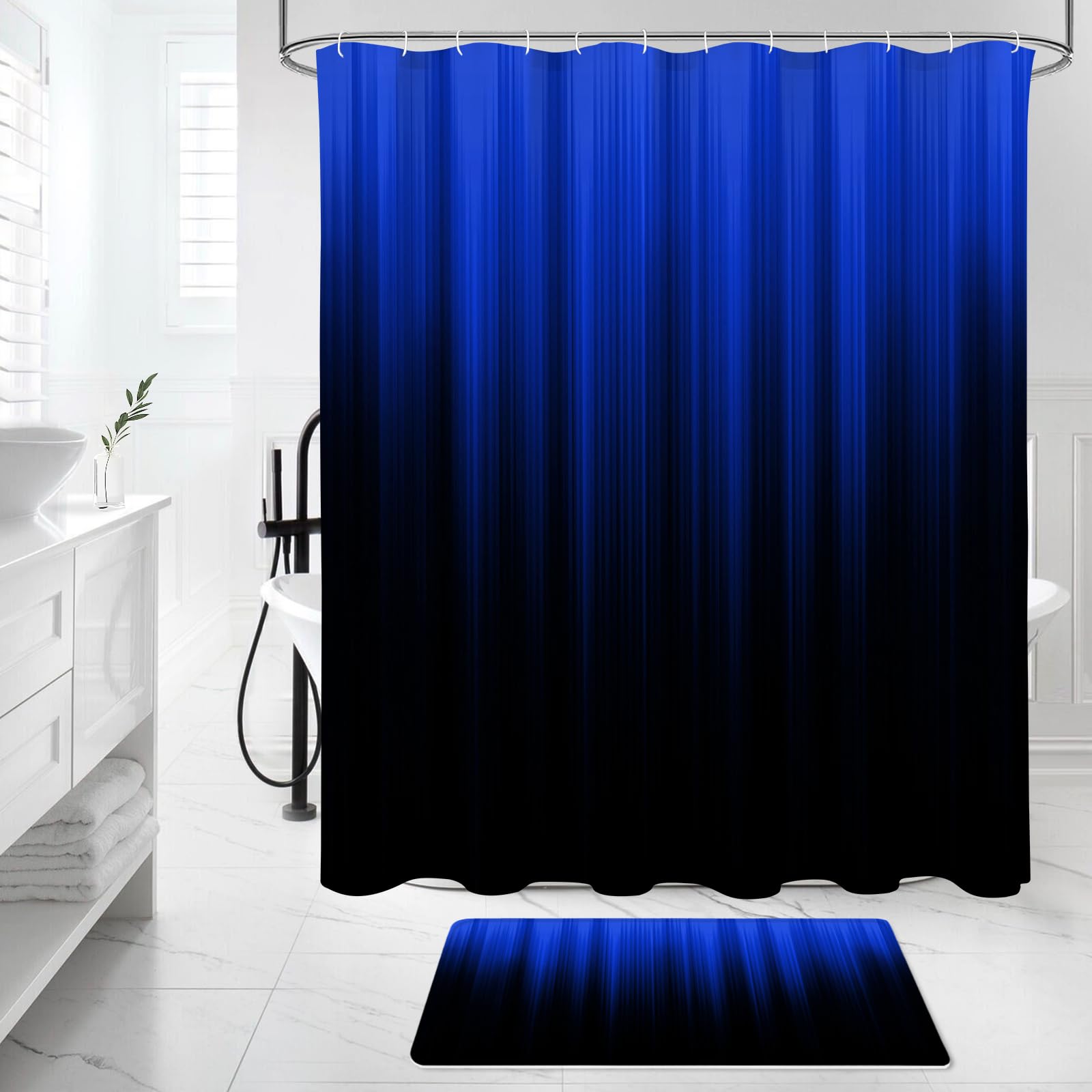 Litabel 4 Pcs Royal Blue And Black Gradient Shower Curtain Set With Rugs And Toilet Lid Cover, Modern Simple Waterproof Fabric B
