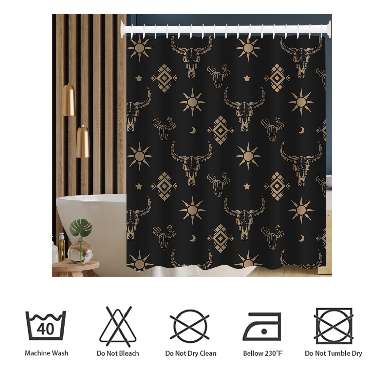 Western Bull Skull Shower Curtain Boho Cow Longhorn Skull Head Cactus Bohemian Black And Gold Shower Curtain With Hooks 72X72 In