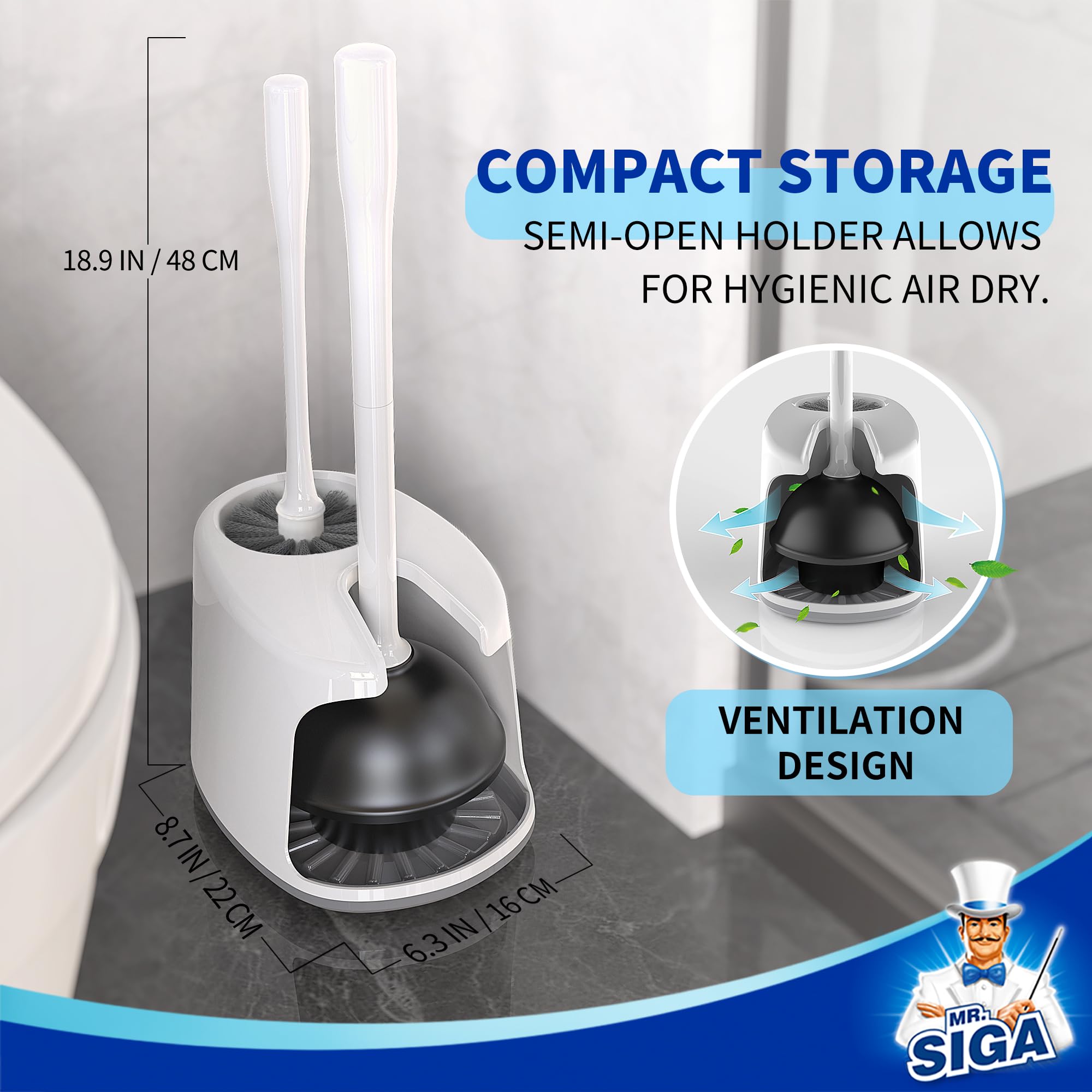 Mr.Siga Toilet Plunger And Bowl Brush With Holder, Heavy Duty Toilet Brush And Plunger Set For Bathroom Cleaning, White, 1 Set