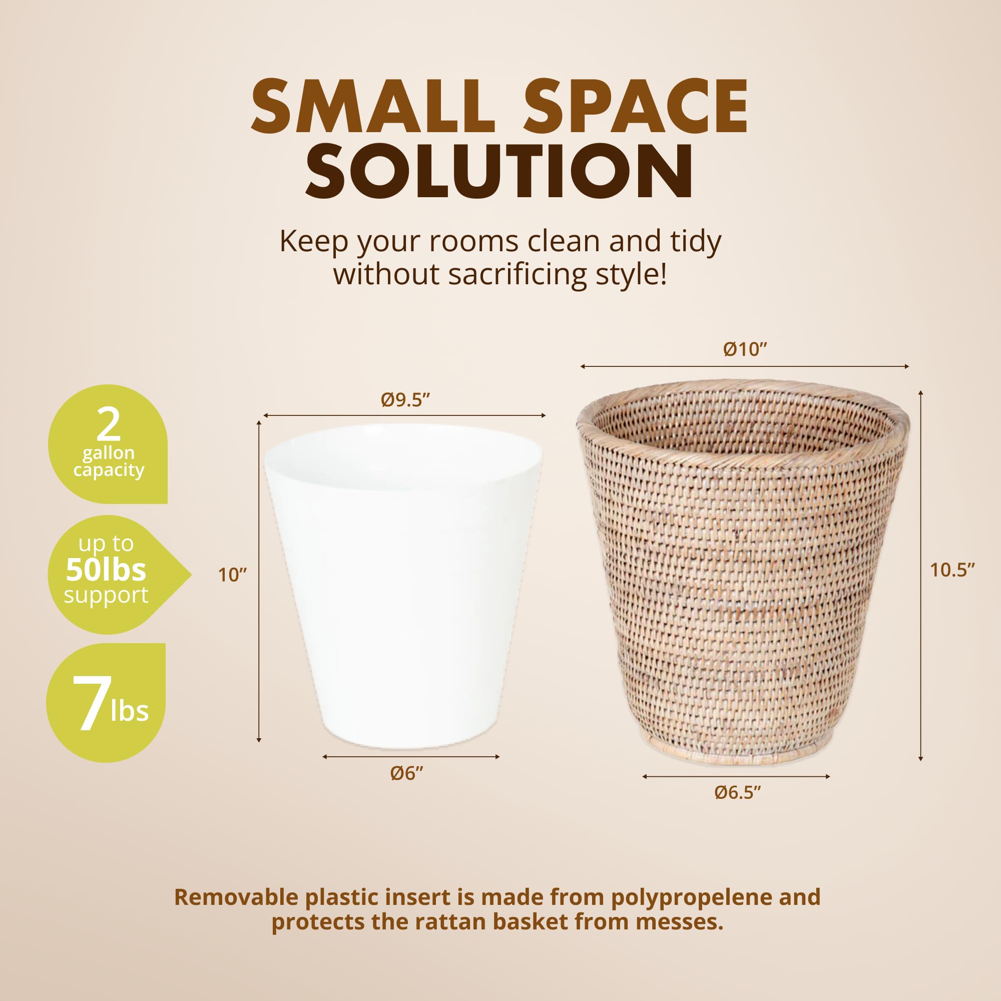 Kouboo La Jolla Rattan Wastebasket With Plastic Insert, Handmade, Trash Can, Small Wastebasket, Bedroom, Bathroom, Vanity, Rv, D