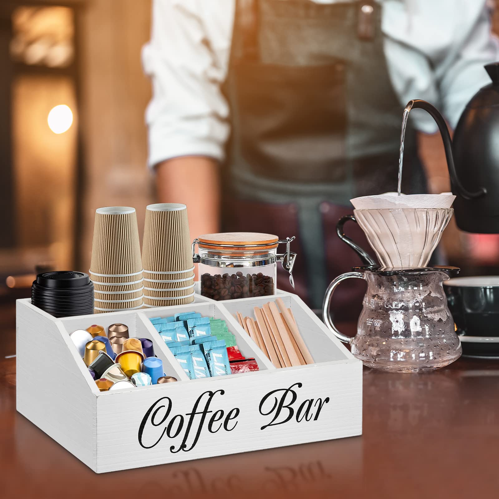 Ugiftt Coffee Station Organizer For Counter, Wood Coffee Pods Holder Storage Basket, Coffee And Tea Condiment Storage Organizer,