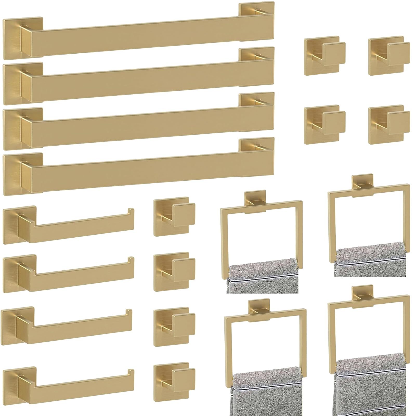 Bathroom Accessory Towel Bar Set: 20 Pieces Gold Bathroom Hardware Square SUS304 Stainless Steel - Wall Mounted Towel Rack&Toile