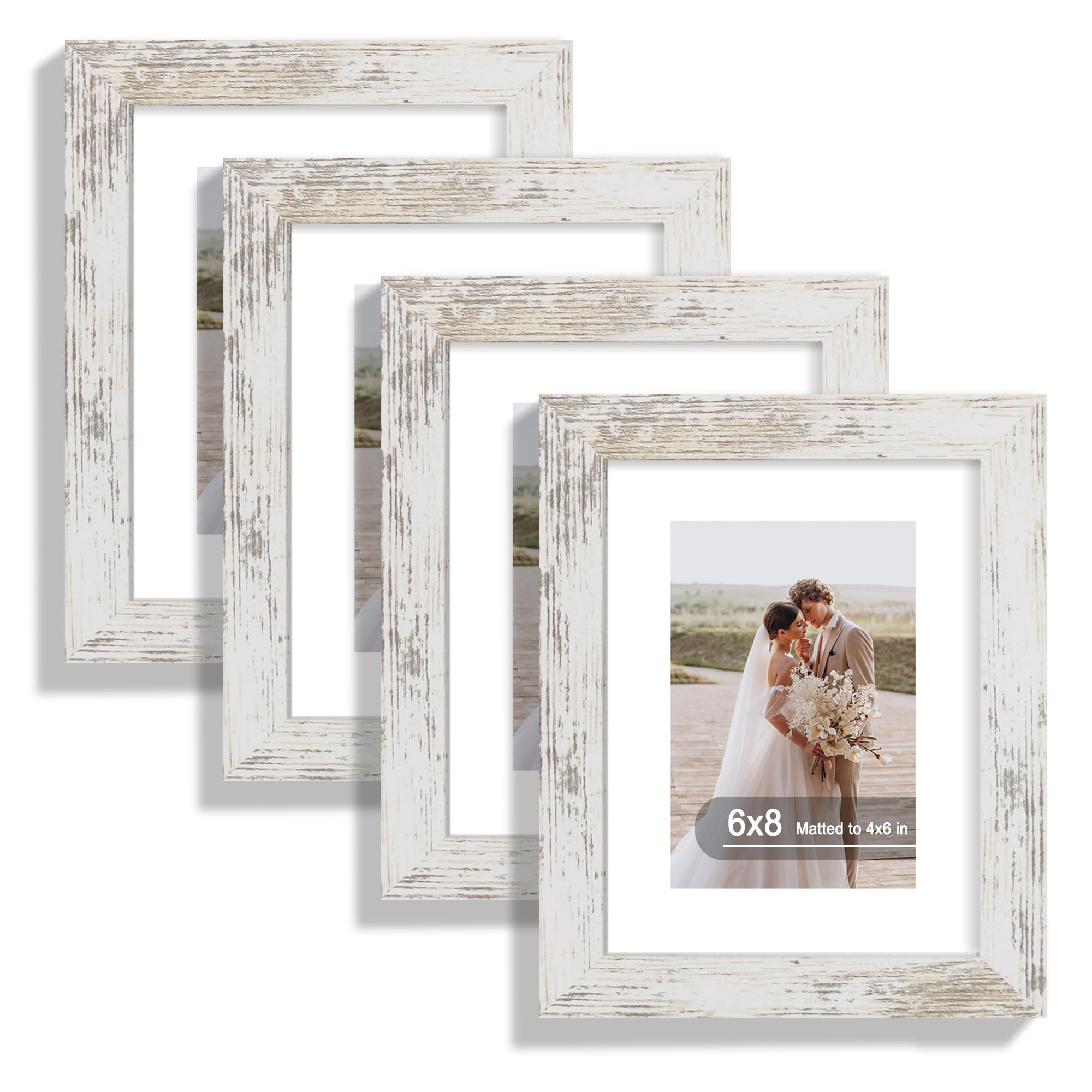 Hongkee 6x8 Picture Frame Set of 4, Made of Real Glass and Distressed White Frame - Display Picture 4x6 with Mat or 6x8 Without 