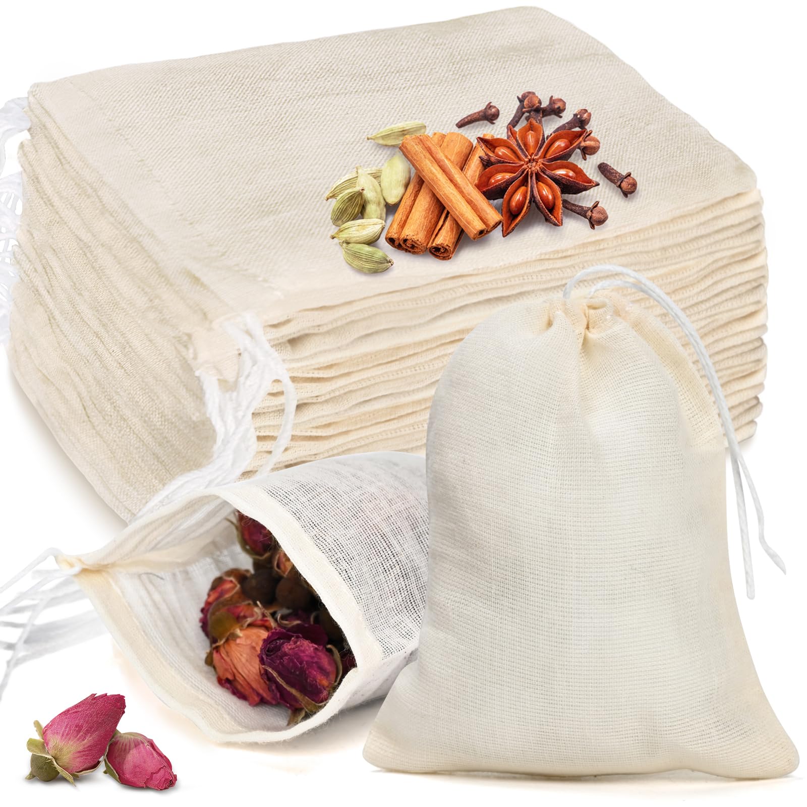 20 Pcs Muslin Bags with Drawstring, Reusable Tea Bags, Spice Bags for Cooking Soup/Herb/Loose Leaf Tea, Natural Cotton Small Che