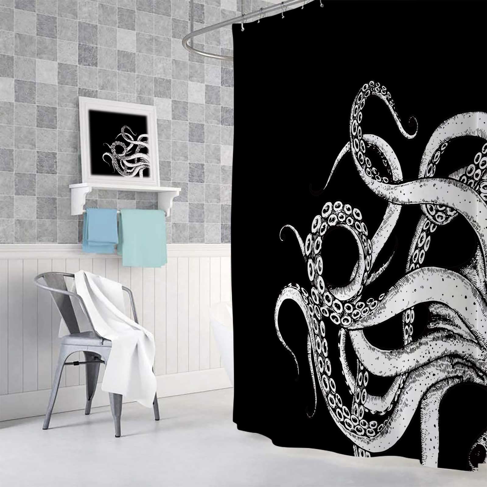Octopus Decor Shower Curtain For Bathroom, Funny Black And White Sea Monster Kraken Animal Goth Fabric Shower Curtains Set, Uniq