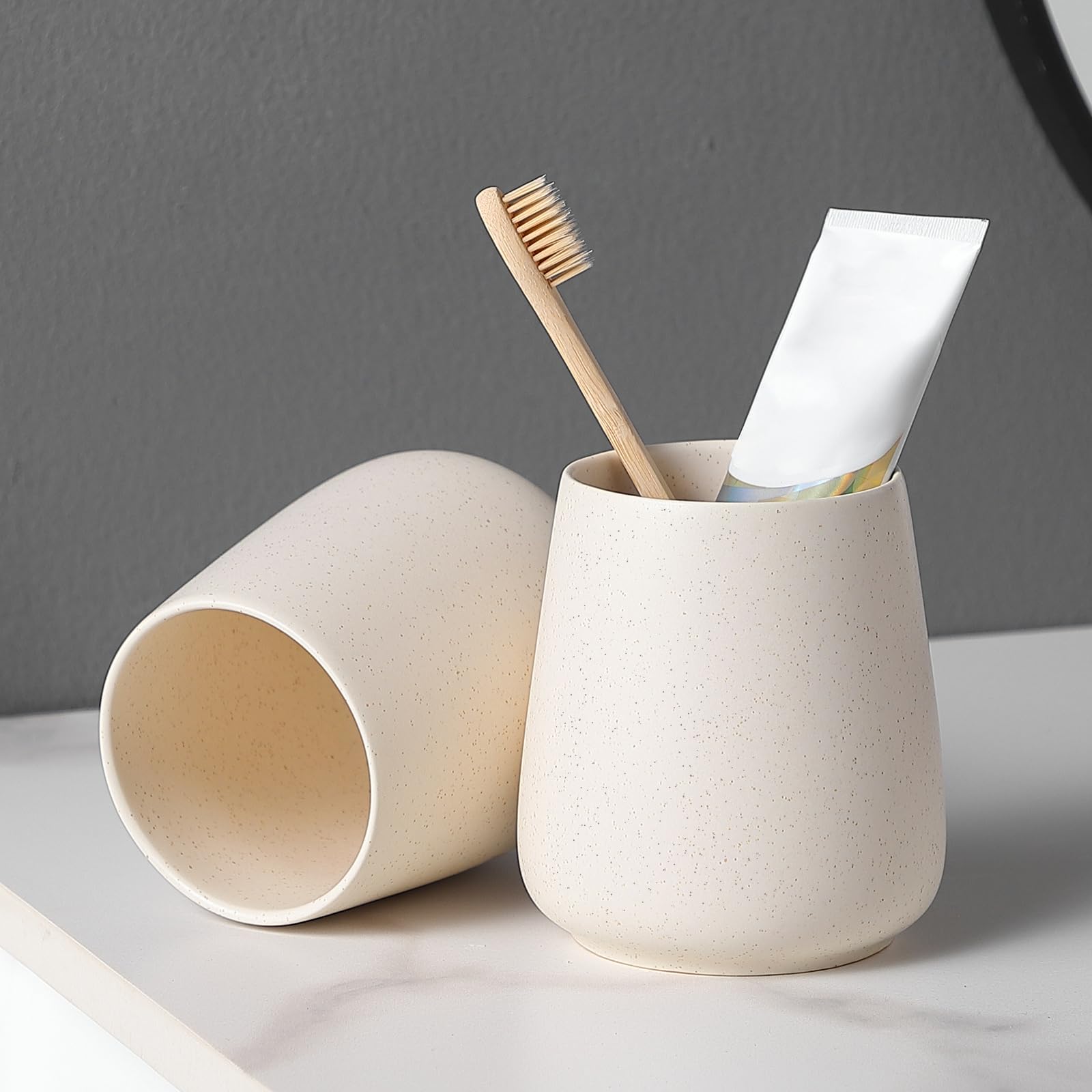 Beige Toothbrush Holder For Bathroom - 2Pcs Ceramic Tooth Brushing Holders Set, Toothbrush Cup & Toothpaste Organizer For Bathro