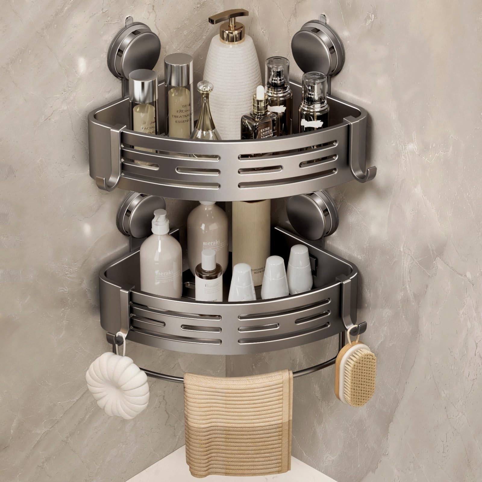 VOLPONE Corner Shower Caddy Suction Cup Shower Shelf Corner No Drilling Bathroom Shower Organizer Storage Rack Adhesive with Tow