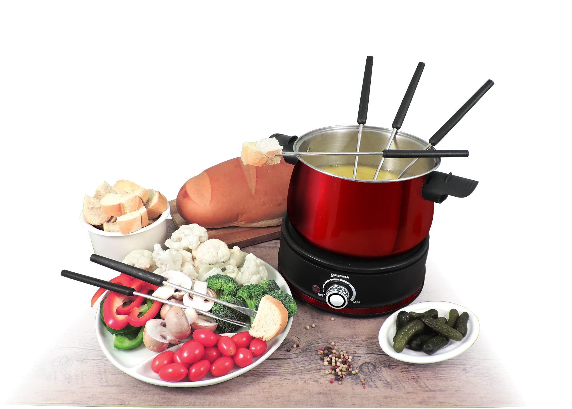 Swissmar Arolla 10 Pieces Stainless Steel Electric Fondue Set Red - Perfect Fondue Pot Electric Set For Cheese, Caramel, Chocola