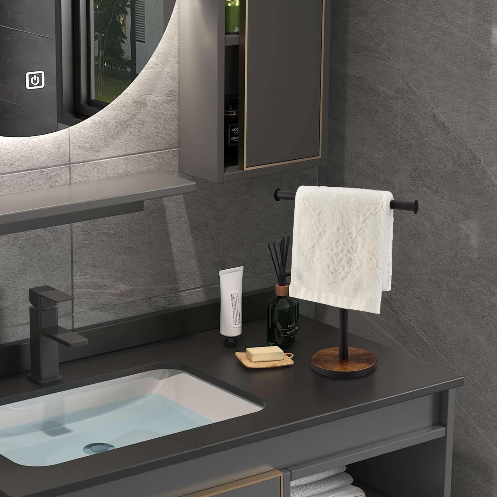 BCOZLUX Towel Holder Stand  Countertop Hand Towel Stand for Bathroom and Kitchen  Free Standing Counter Towel Rack with Weighted Wood Base  Rustic Black and Brown