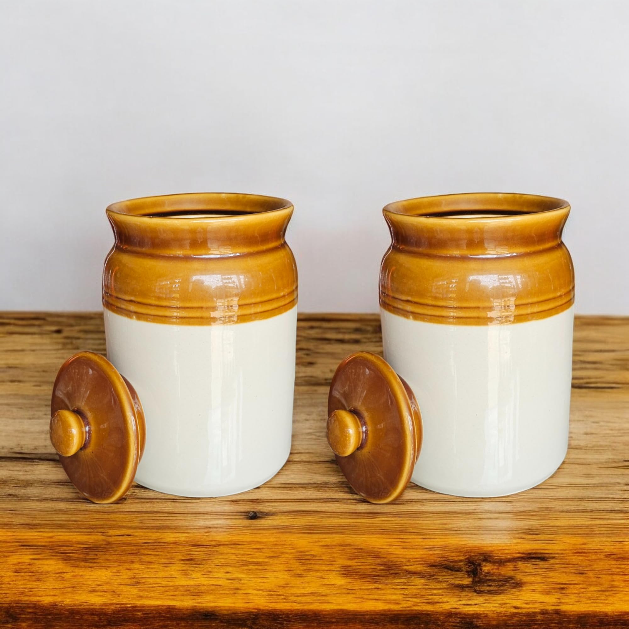Claystone Ceramic Achaar Jar Set - 2 Kg (2000 Ml) X 2 - Martban Pickle Container - Kitchen Storage For Pickle, Chutneys And Sauc