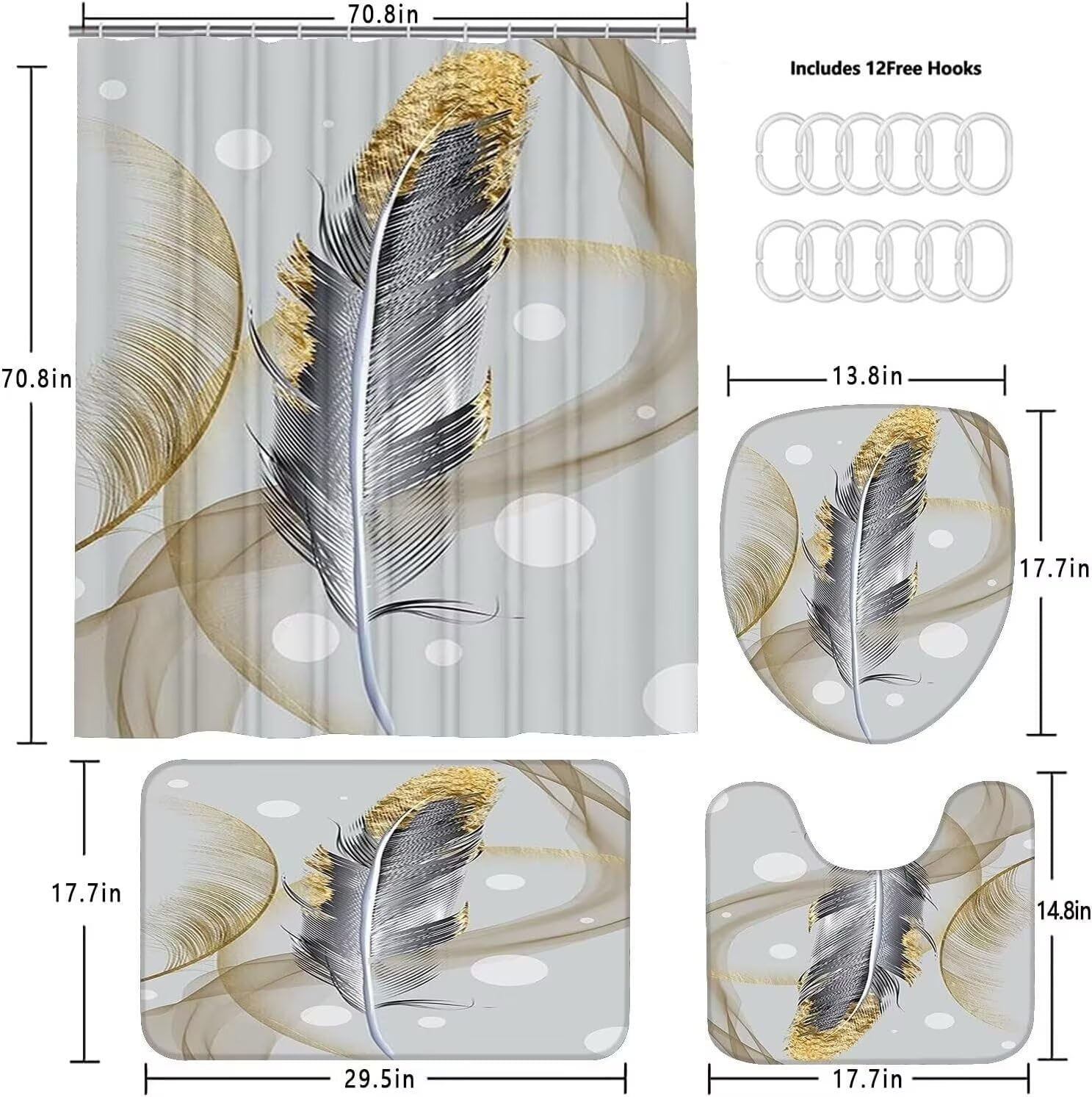 Ddqq 4Pcs Abstract Bubble And Feathers Shower Curtain Set Gray And Golden Bathroom Sets Shower Curtain With 12 Hooks Bathroom De
