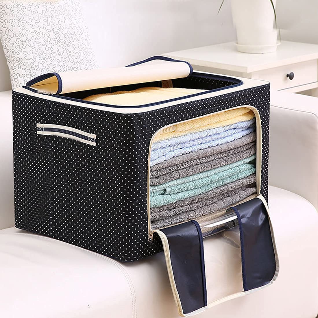 Brushfinch Fabric Clothes Storage Box For Wardrobe Cloth, Saree, Towel, Blanket Foldable Organizer Bag With Steel Frame, Top And