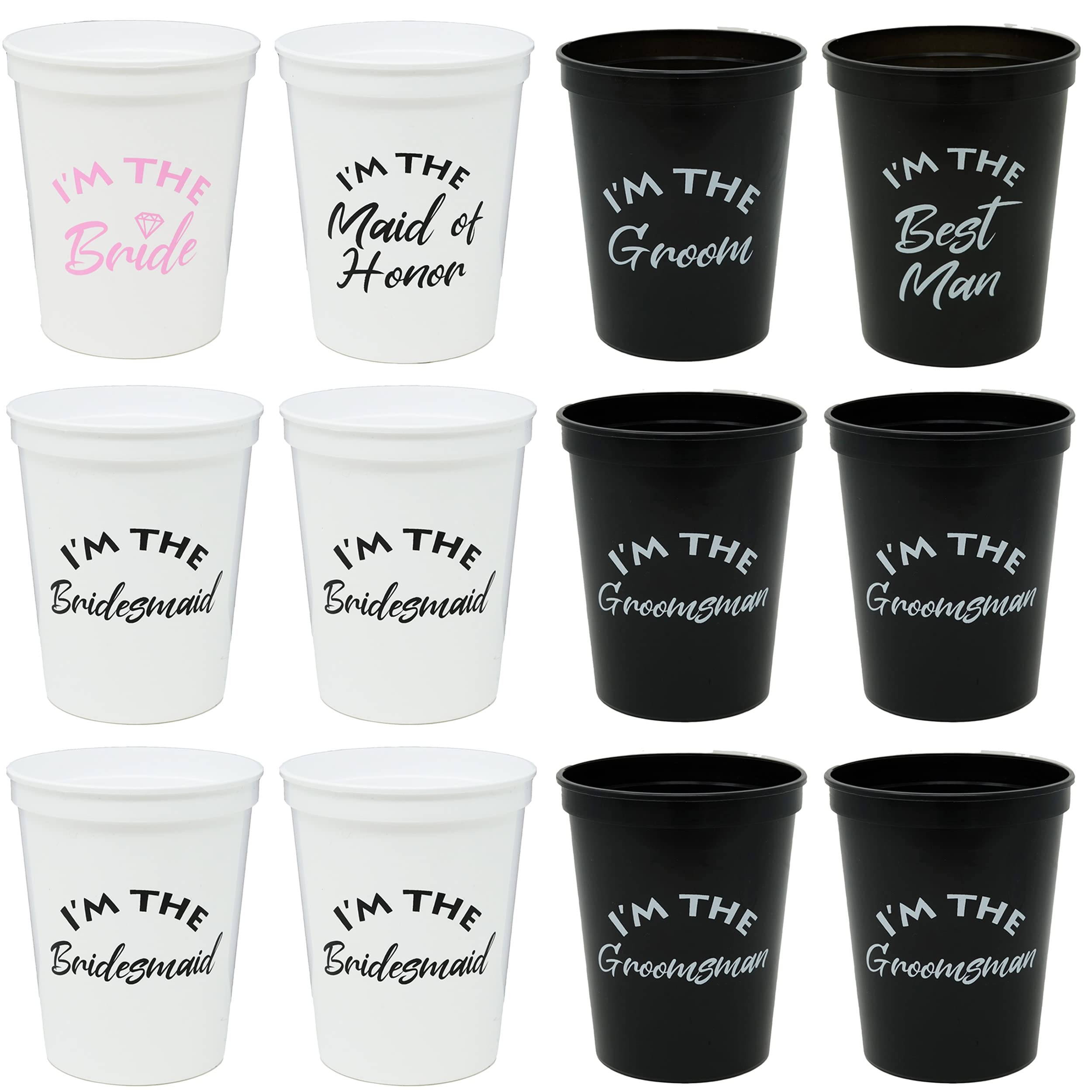 Funky Junque 12 Pk - Party Cup Bundle - I'M The - Bride (White/Pink), Maid Of Honor, Groom, Best Man, 4 Bridesmaid, 4 Groomsman