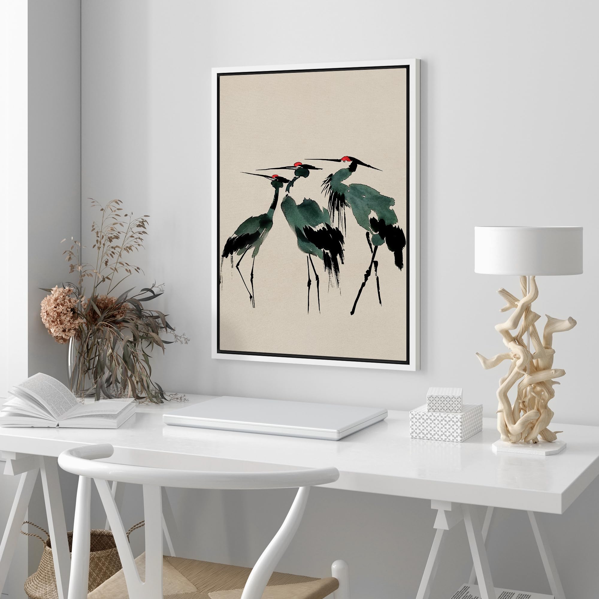 Wall26 Framed Canvas Print Wall Art Serene Crane Gathering Traditional Japanese Red-Crowned Cranes Illustrations Modern Art Rust