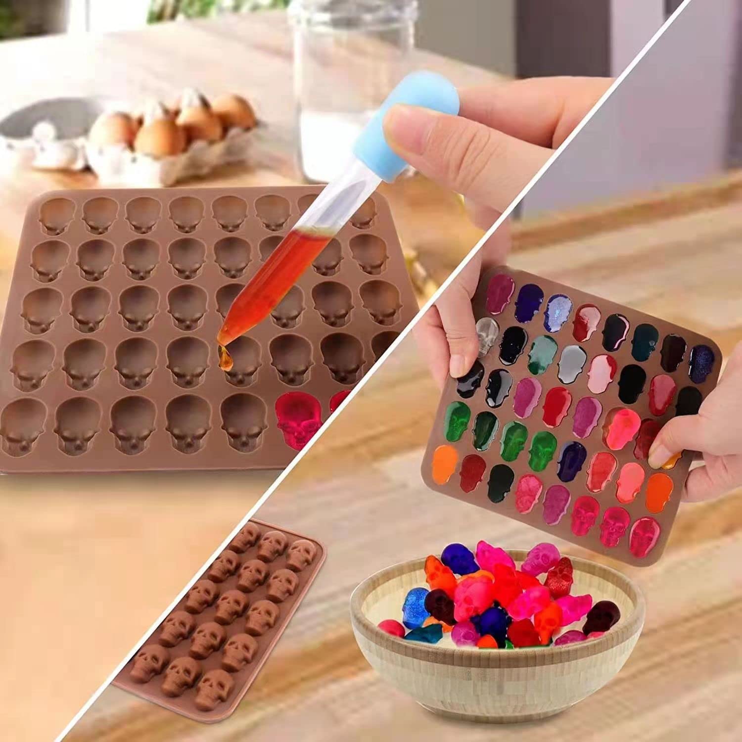 Elegital Skull Candy Mold,2Pcs Silicone Skull Gummy Molds With Dropper Silicone Mold For Chocolate,Cookie, Cake,Jelly(Skeleton-B