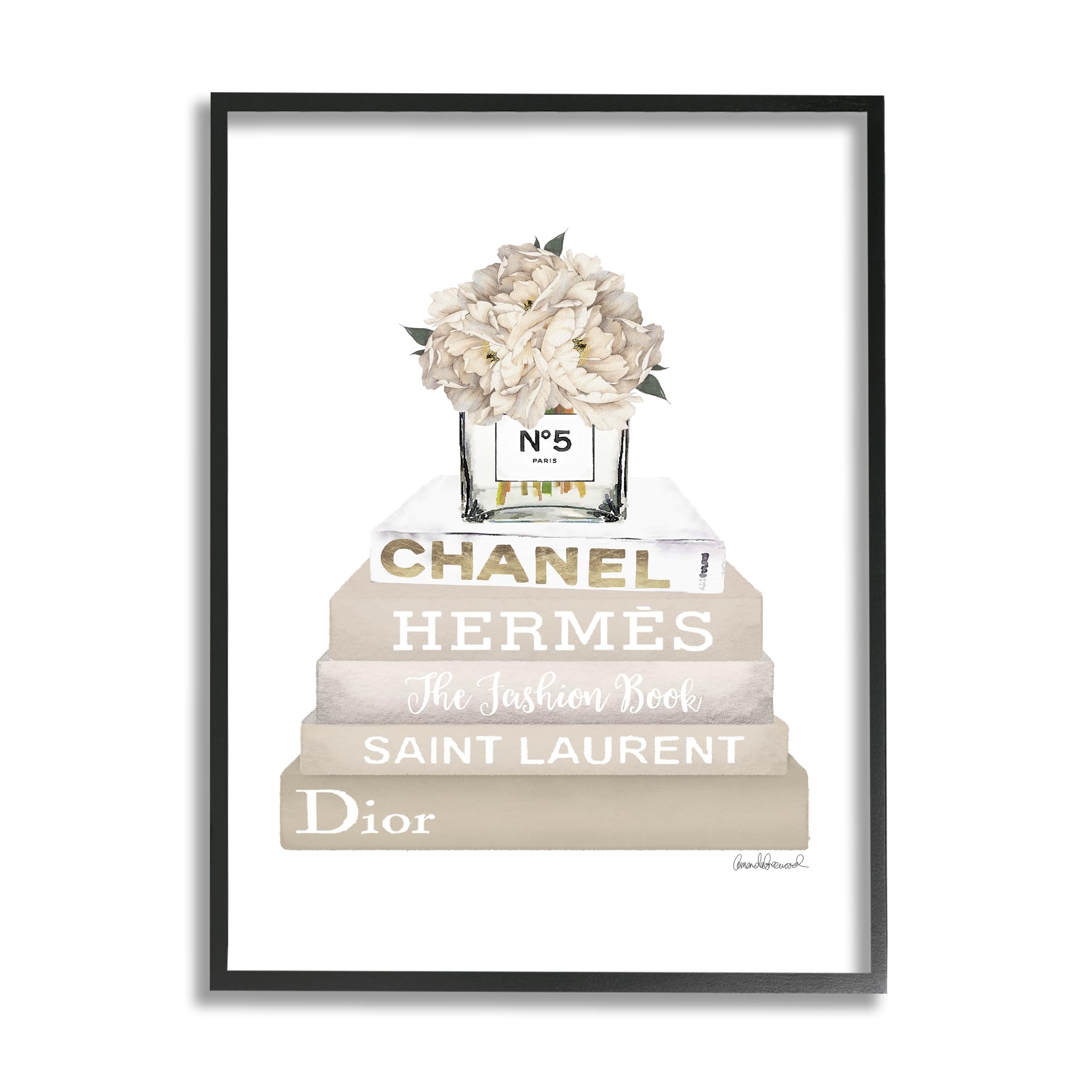 The Stupell Home D  Cor Collection High Fashion Bookstack With Tan Flowers Framed Giclee Texturized Art, 11 X 14, Multi-Color