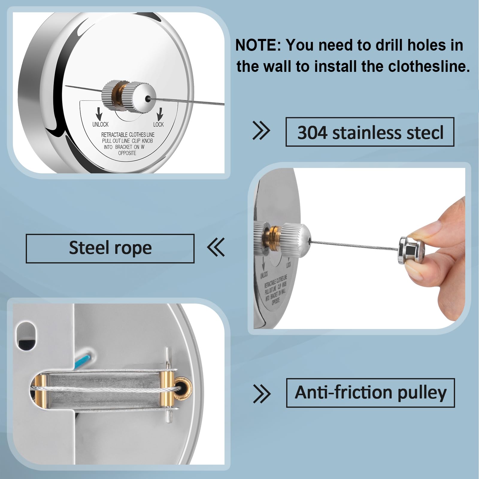 Retractable Clothesline 9.0 Feets, 304 Stainless Steel Clothes Line Dryer With Heavy Duty Adjustable Stainless Steel Rope String