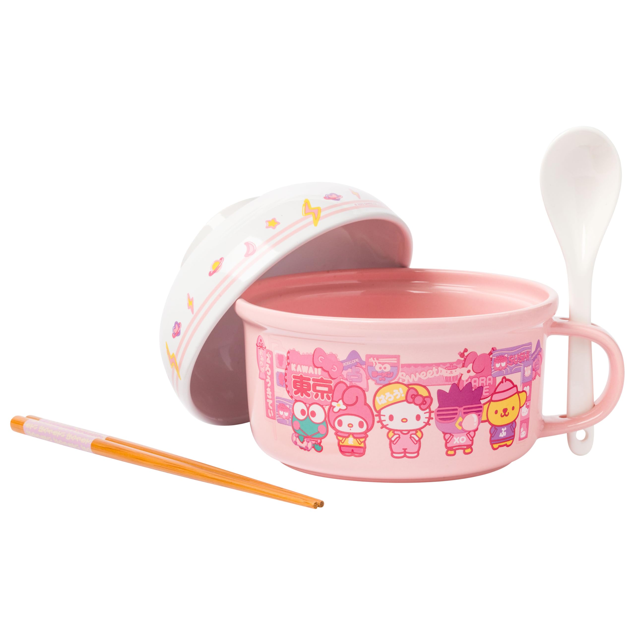 Silver Buffalo Sanrio Hello Kitty And Friends Featuring Keroppi, My Melody, Badtz-Maru, And Pompompurin Soup Mug And Bowl Lid Wi