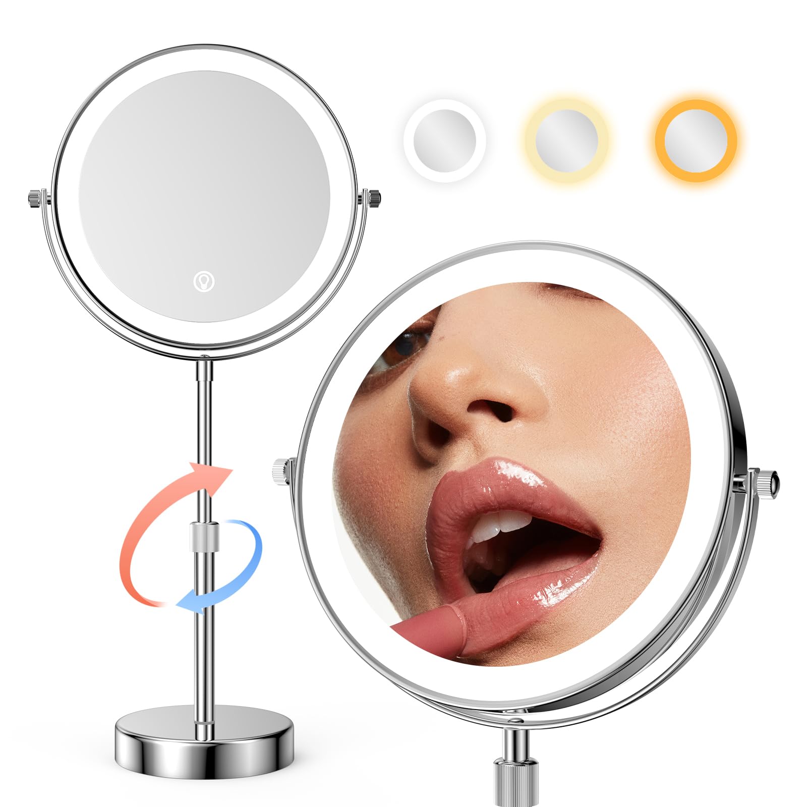 Nicesail LED Lighted Makeup Mirror Tabletop, 10X Magnifying Mirror with 3 Color Lights, Brightness Adjustable Height, Light up f