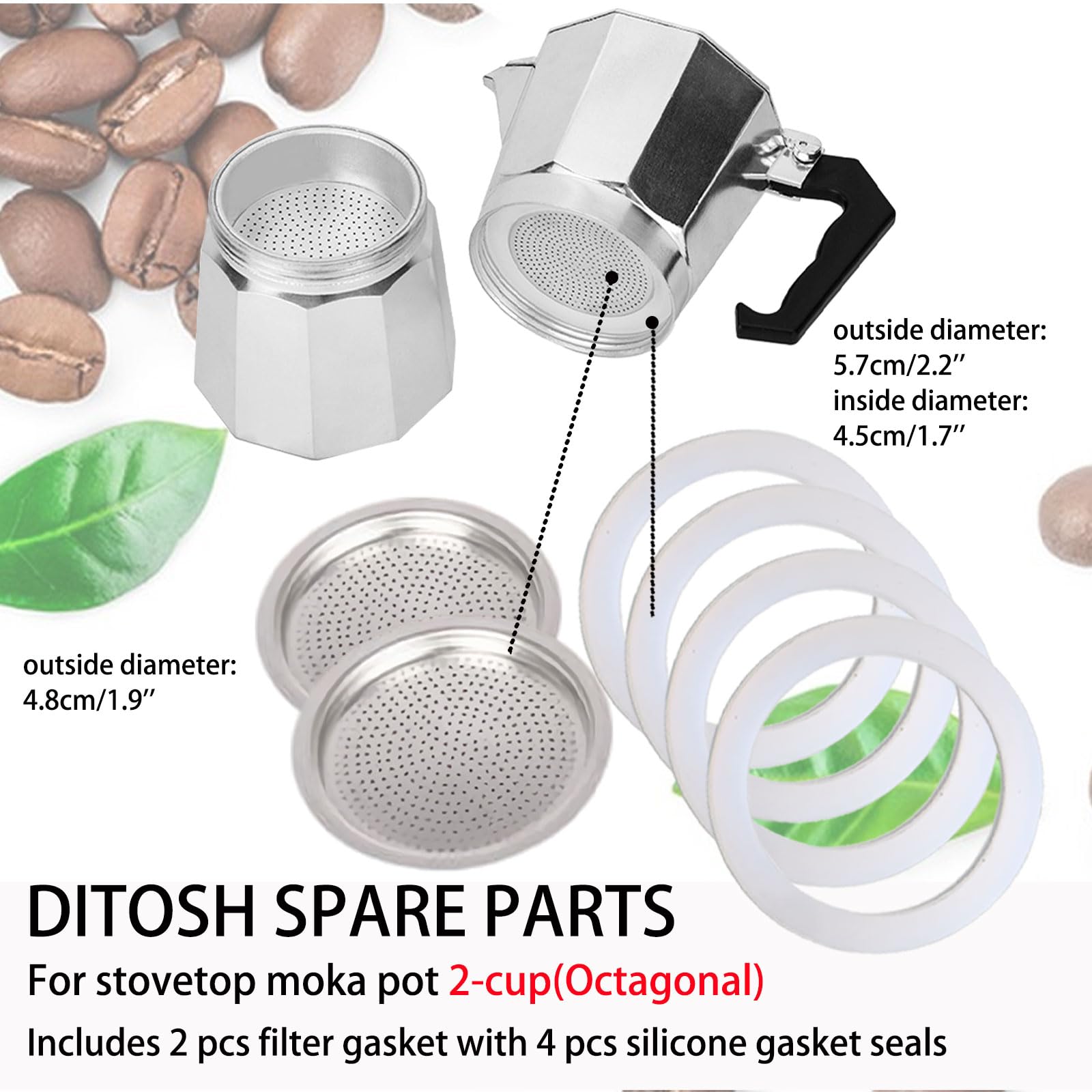 Ditosh 2 Pcs Filter With 4 Pcs Silicone Gasket Seals For 2 Cup Stovetop Espresso Coffee Maker Replacement Parts For Ditosh Alumi