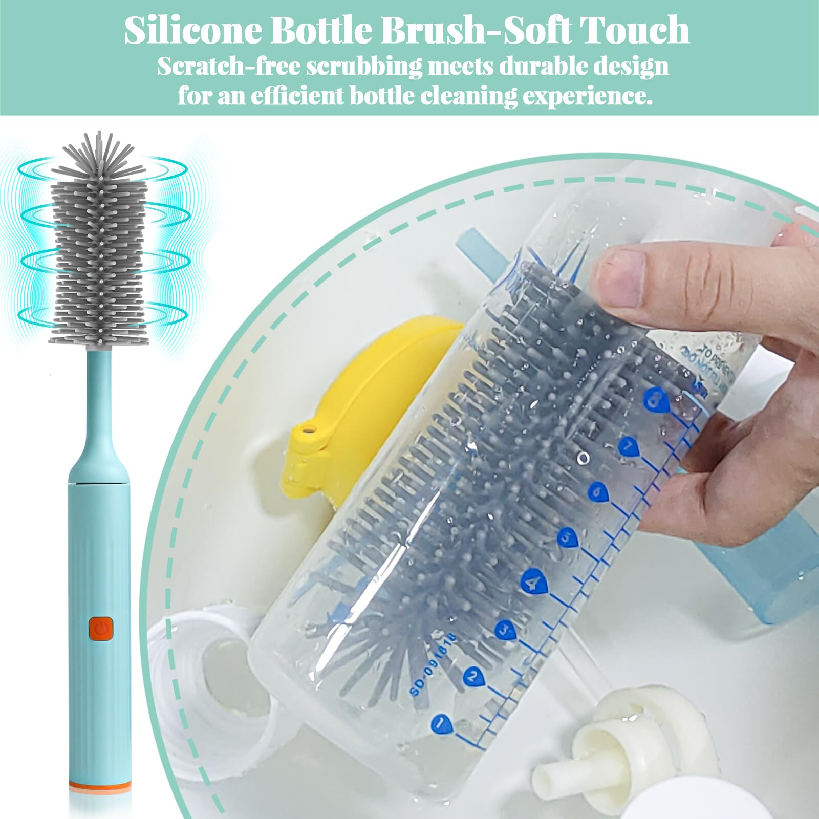 Augensterm Electric Cleaning Brush with USB Rechargeable Electric Bottle Brush Cleaner and 3 Replaceable Silicone Bottle Brushes