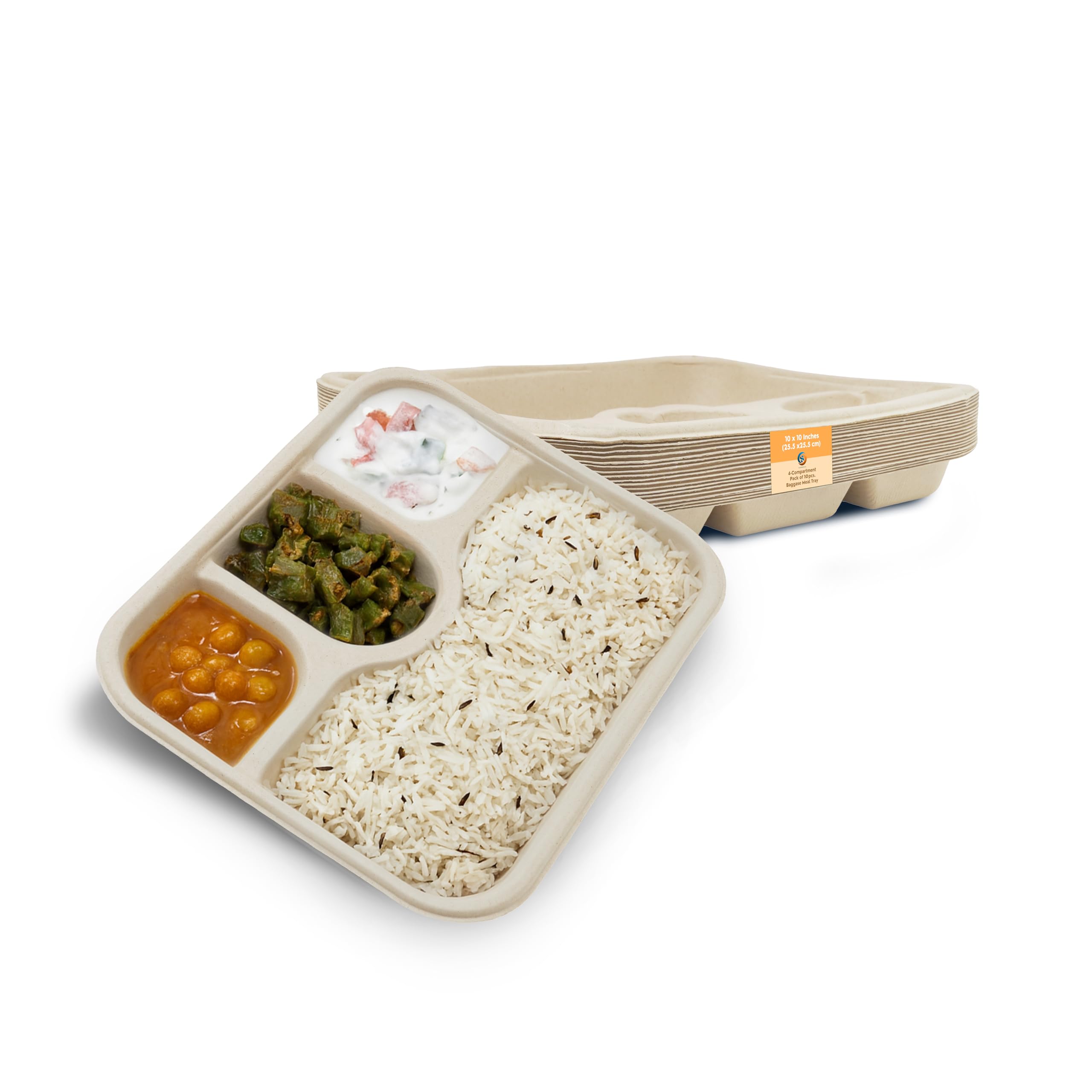 Sanwalsa [4Compartment, 10 Count, Beige Disposable Bagasse Plates | EcoFriendly Sugarcane Meal Tray For Wedding, Party, Picnic