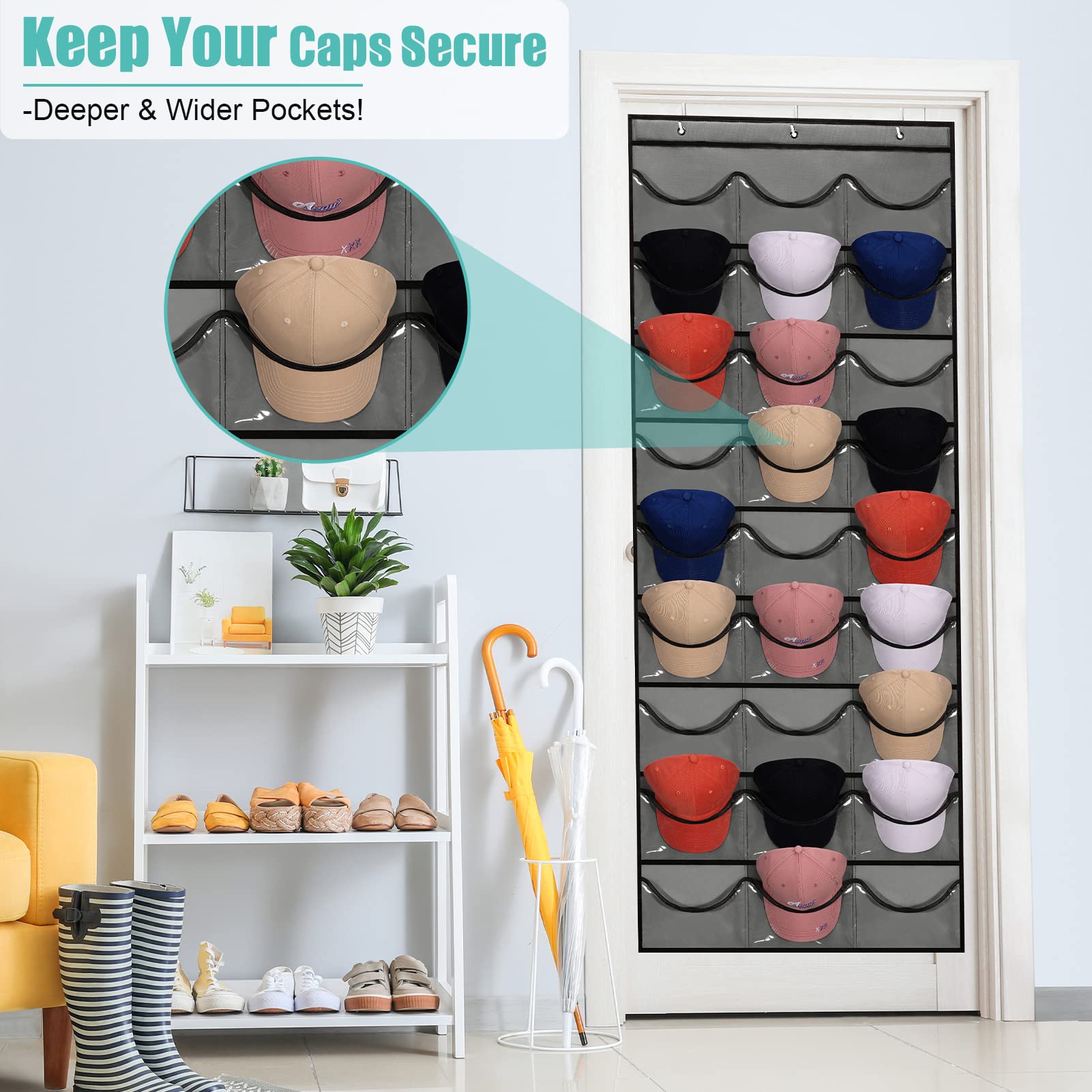 27 Pockets Hat Rack For Baseball Caps Hanging Hat Organizer Over The Door Hat Storage Organizer For Closet Wall With Large Clear