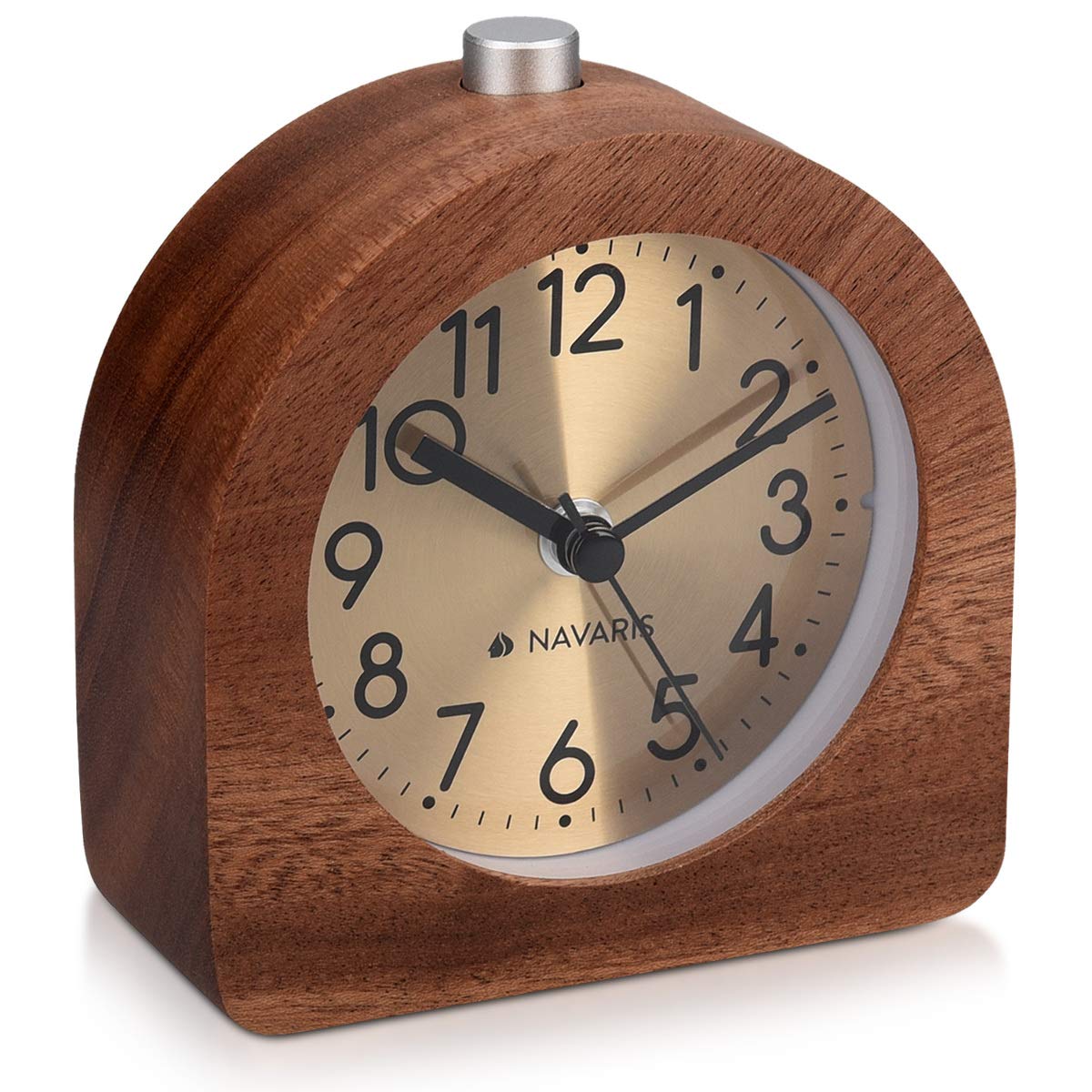 Navaris Wood Analog Alarm Clock - Half-Round Gold Face Battery-Operated Non-Ticking Clock with Snooze Button and Light - Dark Br