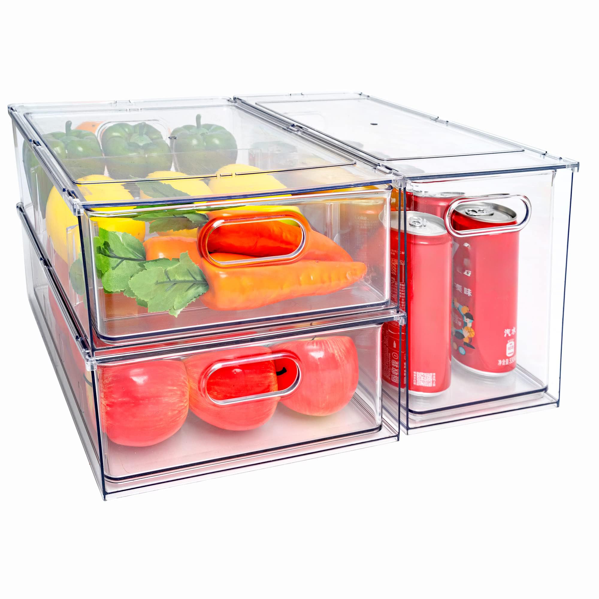 MineSign Stackable Fridge Drawer Pull-Out Bins with Handles 3 Pack Large Clear Food Container with Removable Dividers Refrigerat