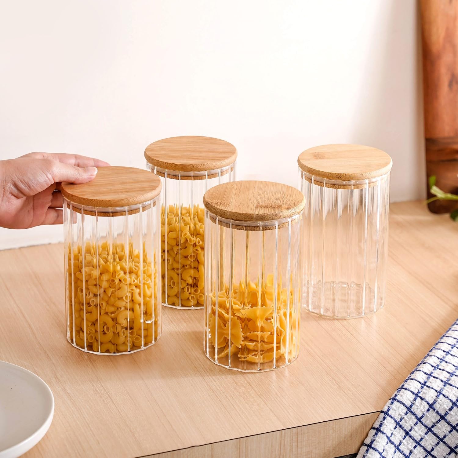 Nestasia Ribbed Airtight Kitchen Storage Glass Jar Set Of 4|Containers For Food Storage, Organization, And Freshness Preservatio