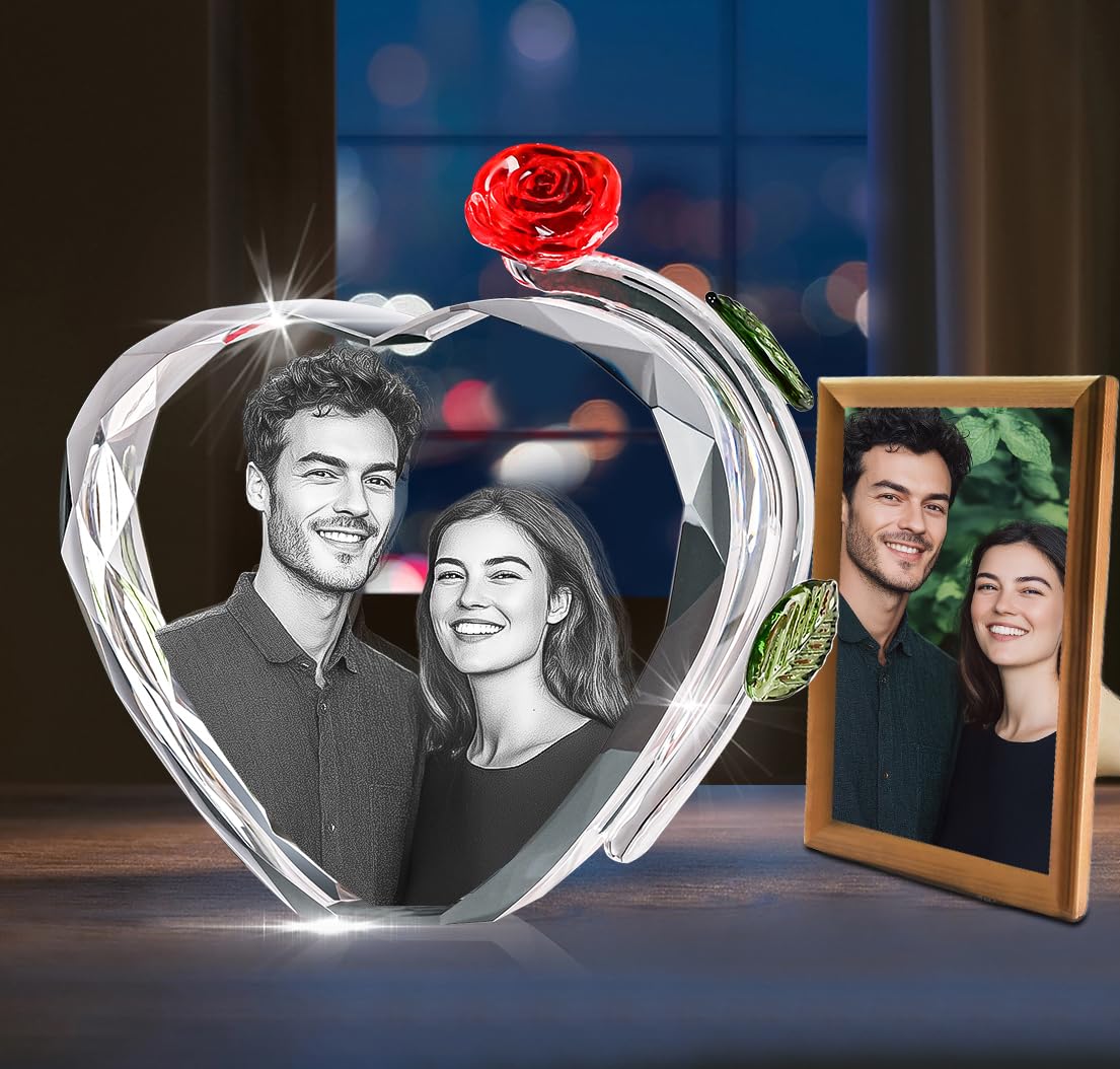HAN S LASER 3D Crystal Photo, Personalized Gift with Your Own Photo, Unique, Birthday (Heart Rose)