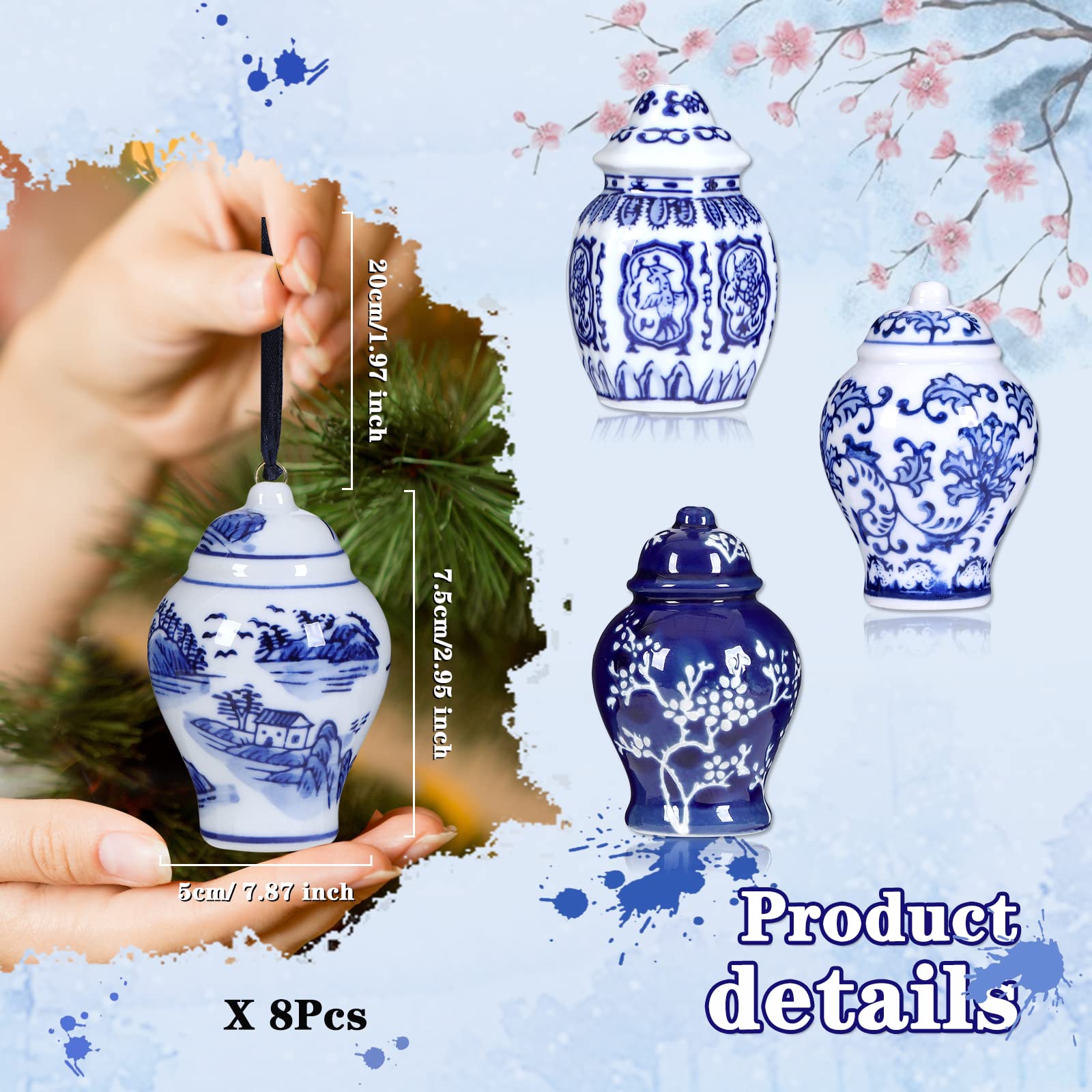 8 Pieces Chinoiserie Porcelain Christmas Ornaments Blue and White Christmas Decorations Mini Chinoiserie Porcelain Ginger Jar Ch