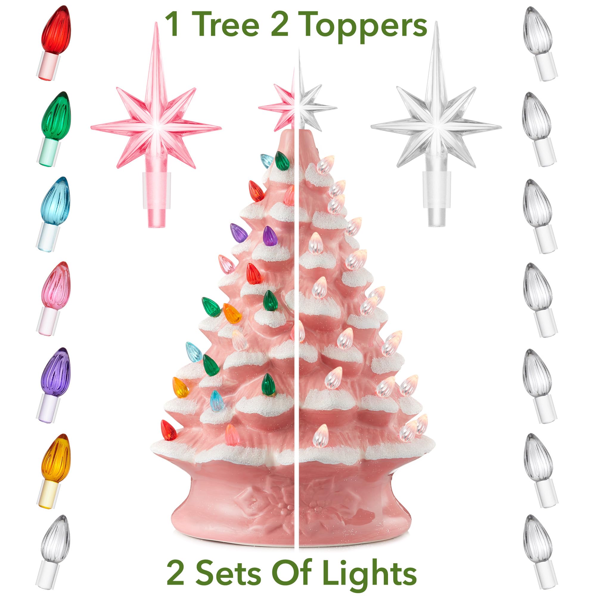 Casafield Hand Painted Ceramic Christmas Tree, Pink Snow Flocked 15-Inch Pre-Lit Tree with 128 Multi Color Lights and 2 Star Top