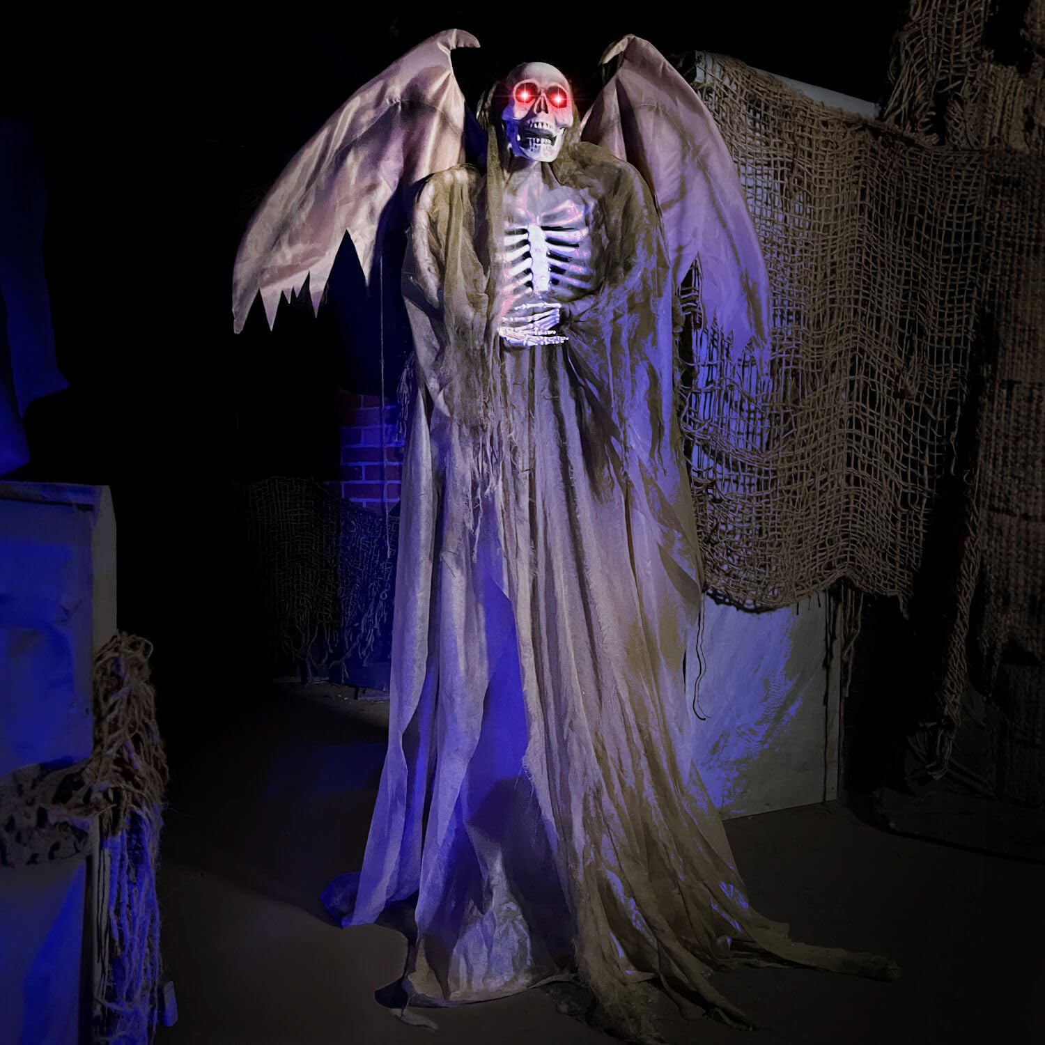Haunted Hill Farm Lifesize Animatronic Scary Reaper with Wings with Touch Activated Lights and Sound, Battery-Operated Indoor or