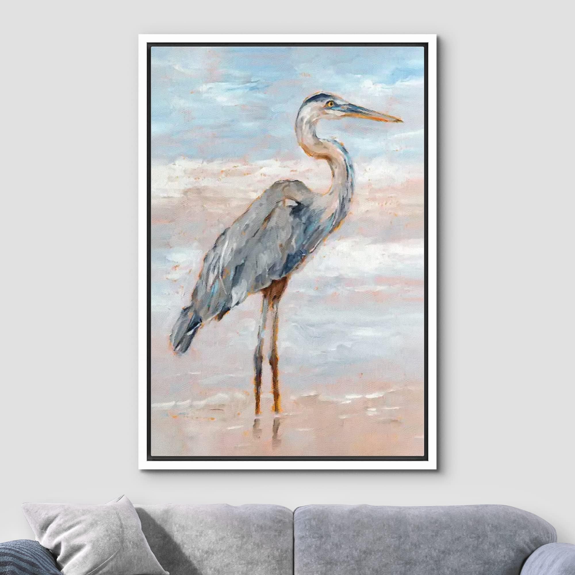 Wall26 Framed Canvas Print Wall Art Pastel Sky Beach Shore Wave Crane Bird Nature Wilderness Illustrations Modern Art Decorative