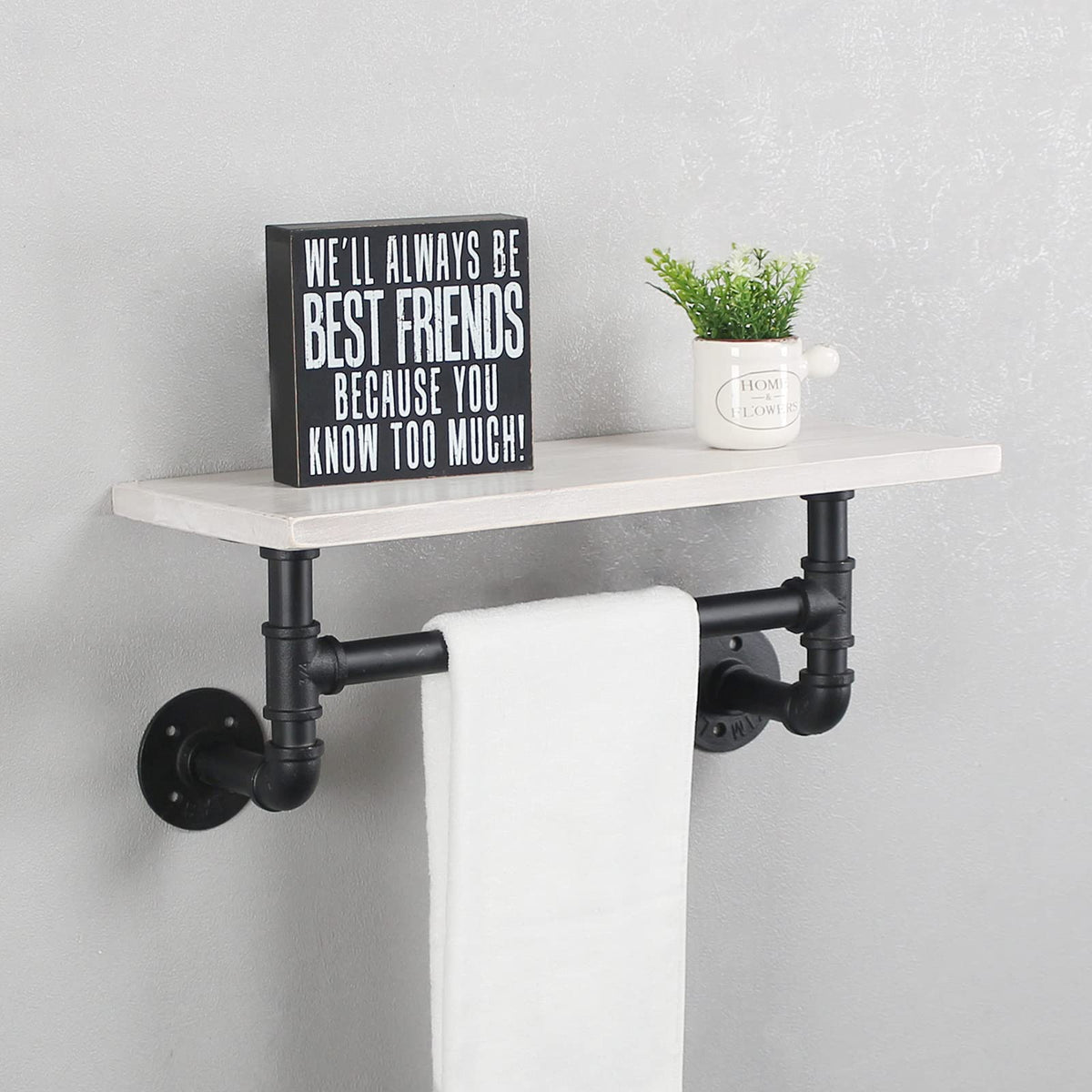 Mbqq Industrial Pipe Shelf Bathroom Shelves Wall Mounted,19.6In Rustic Wood Shelf With Towel Bar,1 Tier Farmhouse Towel Rack,Pip