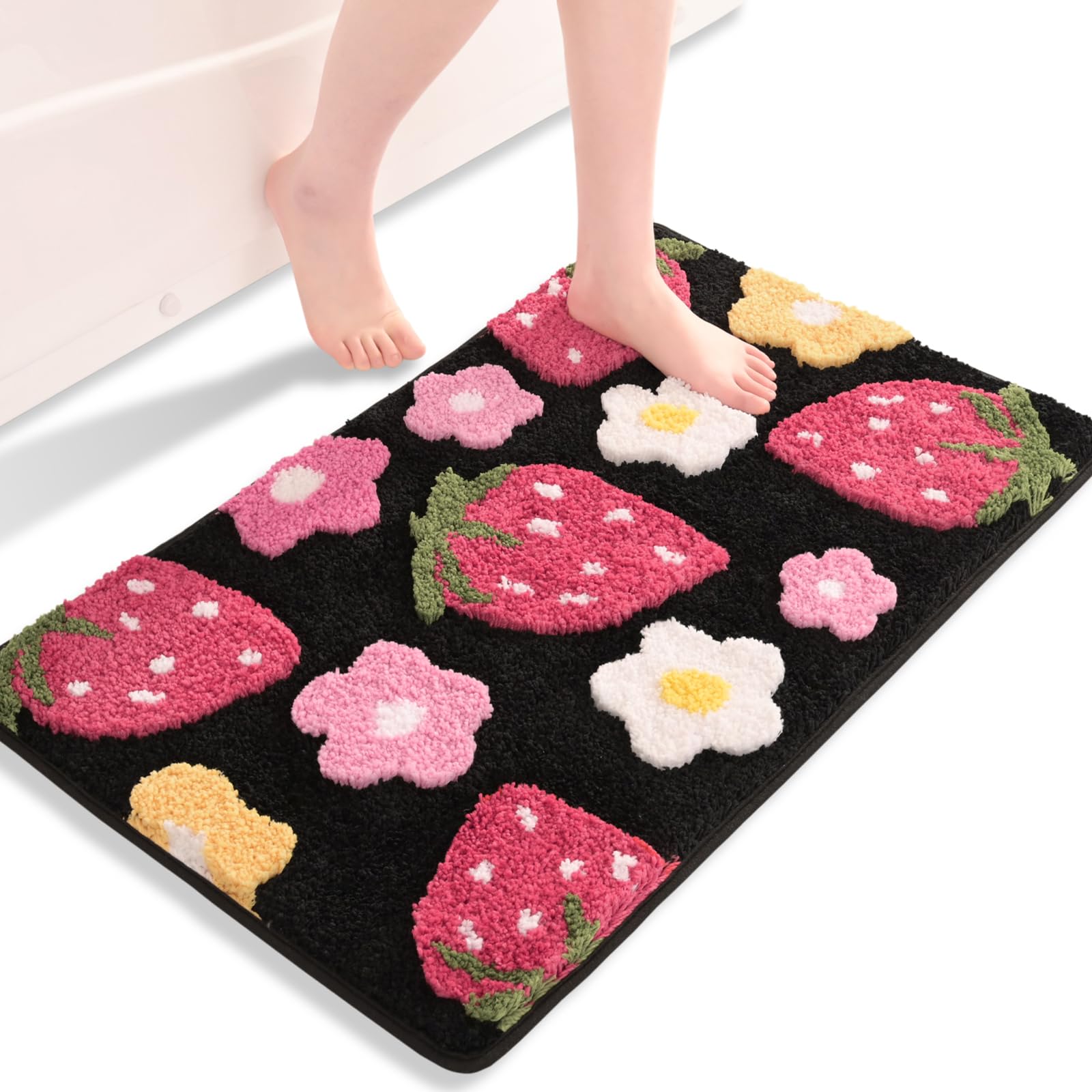 Anybar Black Bathroom Rugs Cute Strawberry Flower Bath Mat Bathroom Accessories, Funny Colorful Non Slip Floor Bath Rug Machine
