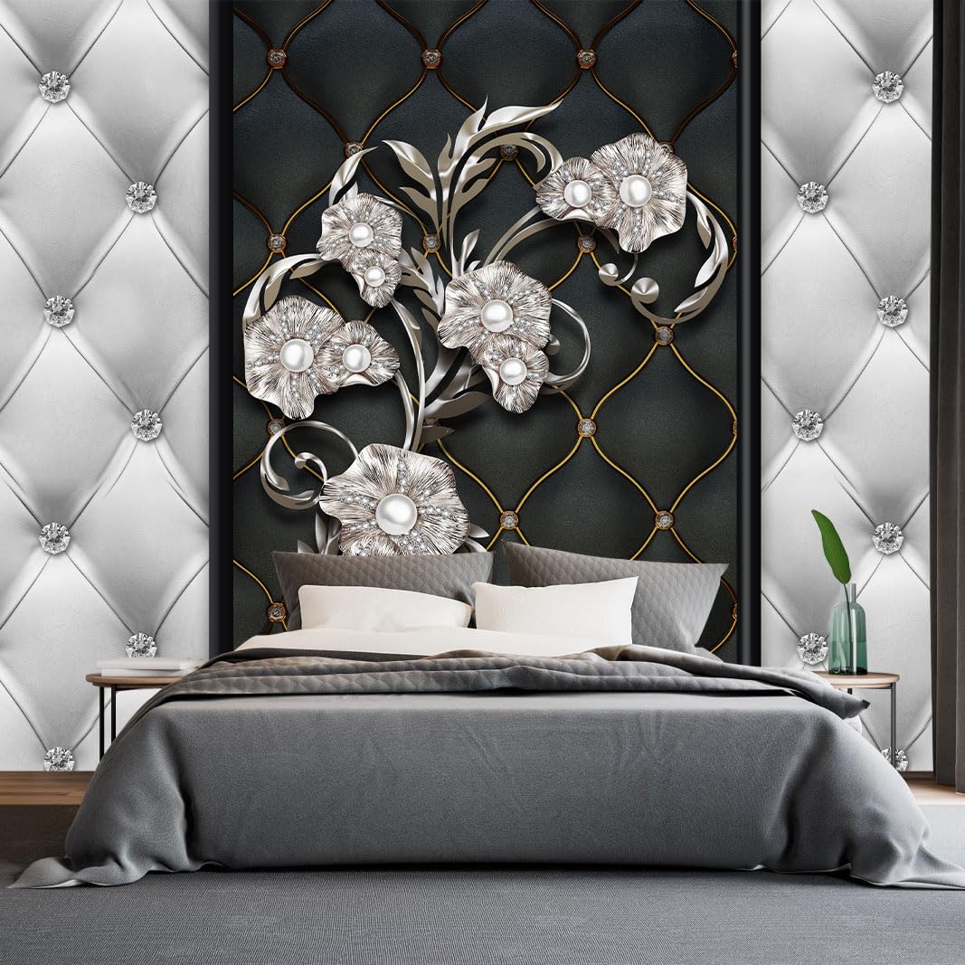MFWFM Black and White 3D Diamond Soft Case Faux Leather Wall Mural Wallpaper for Bedroom Living Room Tv Background (Not Peel and