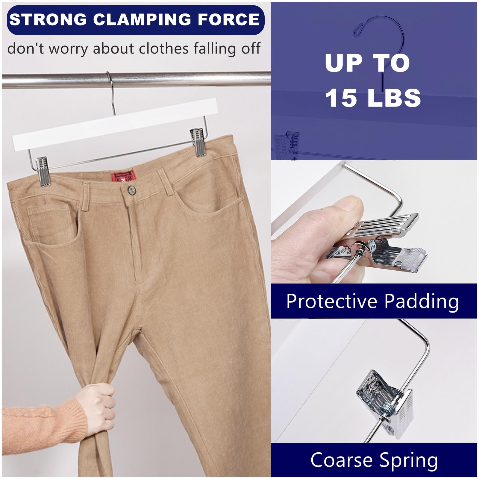 Amber Home White Wooden Pants Skirts Hangers 24 Pack  Solid Wood Trousers Bottom Hanger with 2-Adjustable Clips  Clips Hangers for Slacks  Jeans  Shorts (White  24 Pack)