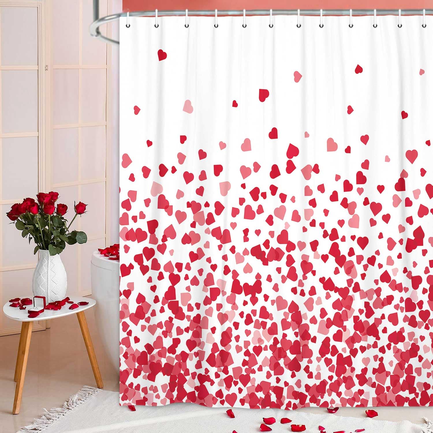 Jawo Heart Shower Curtain, Valentine'S Day Falling Red Heart Fabric Bathroom Curtain And Hooks, Valentine'S Day Pink Love Waterp