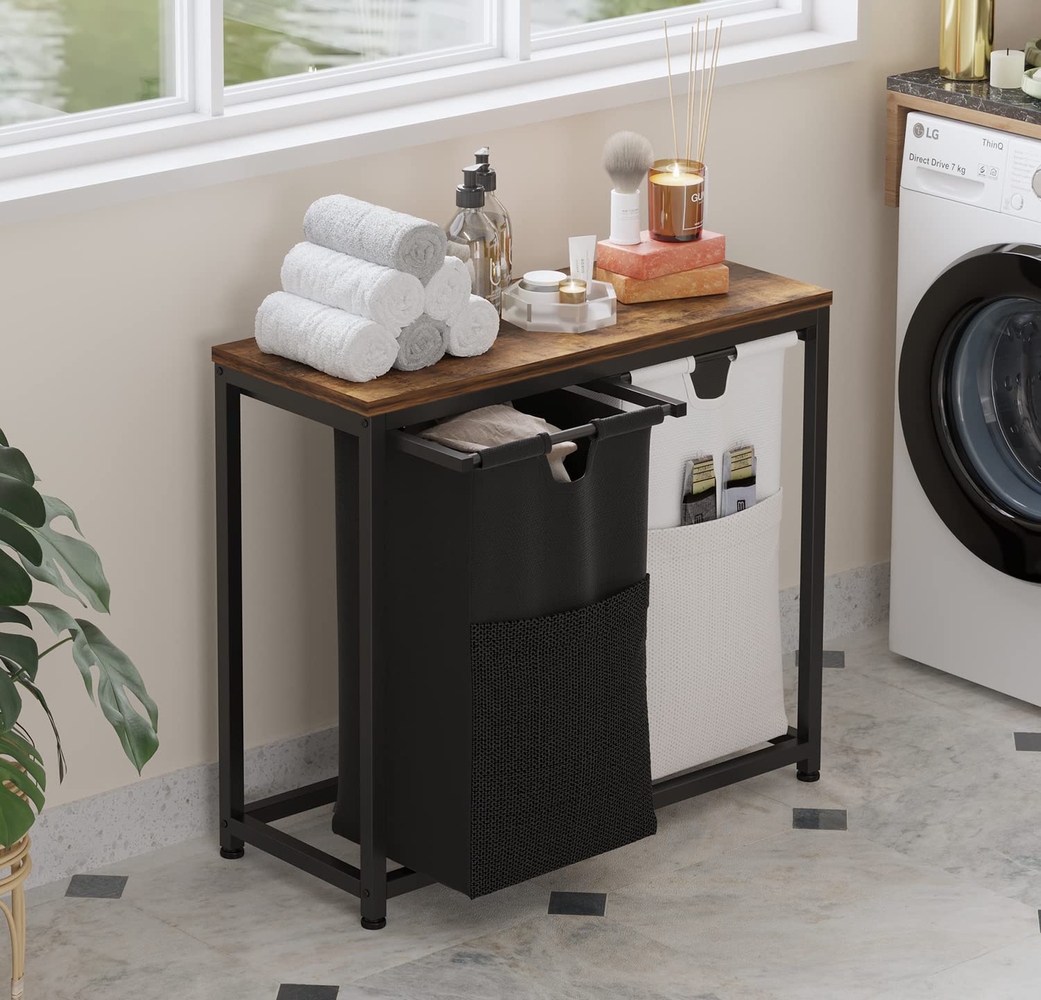 Livehom Laundry Basket Double Laundry Hamper With Removable Bags, Fabric Handles, Large Top Shelf And Laundry Bag For Bathroom,