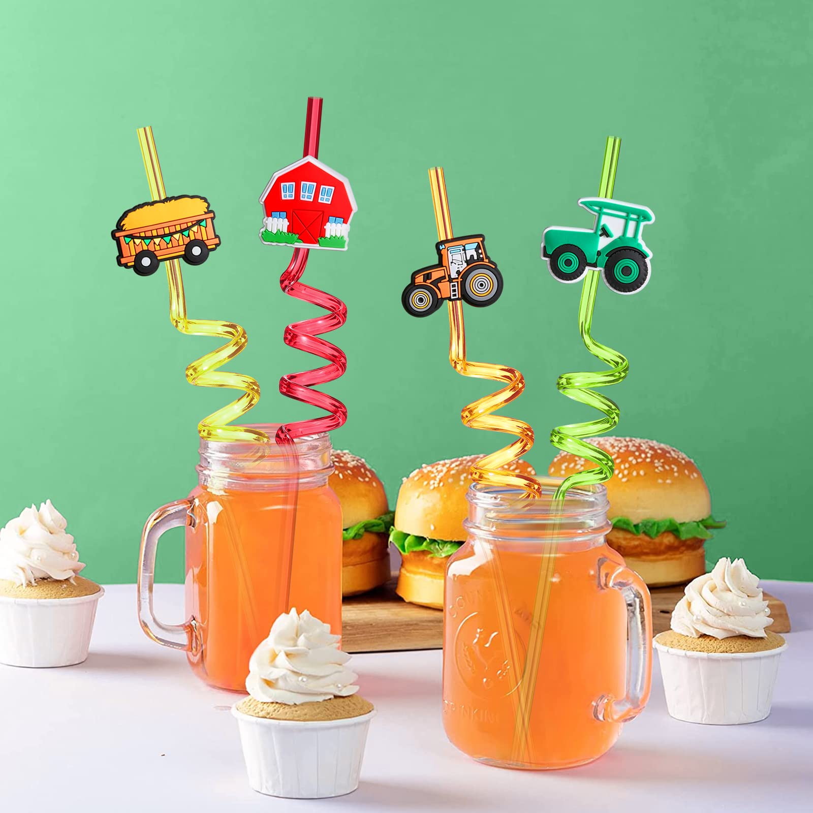 24 Tractor Party Favors Drinking Straws for Farm Green Tractor Birthday Party Supplies with 2 PCS Straws Cleaning Brush