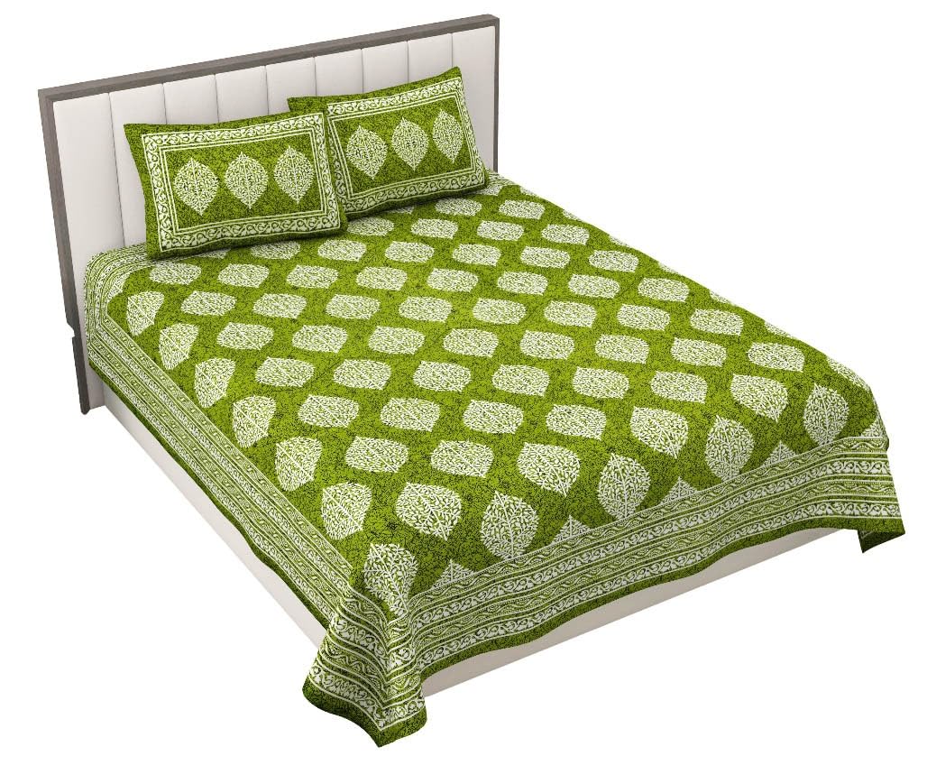 Rajasthanikart Pure 100% Cotton Double Bed Sheet With 2 Pillow Covers (Bedsheet For Double Bed Cotton, Green, 90X94Inches)