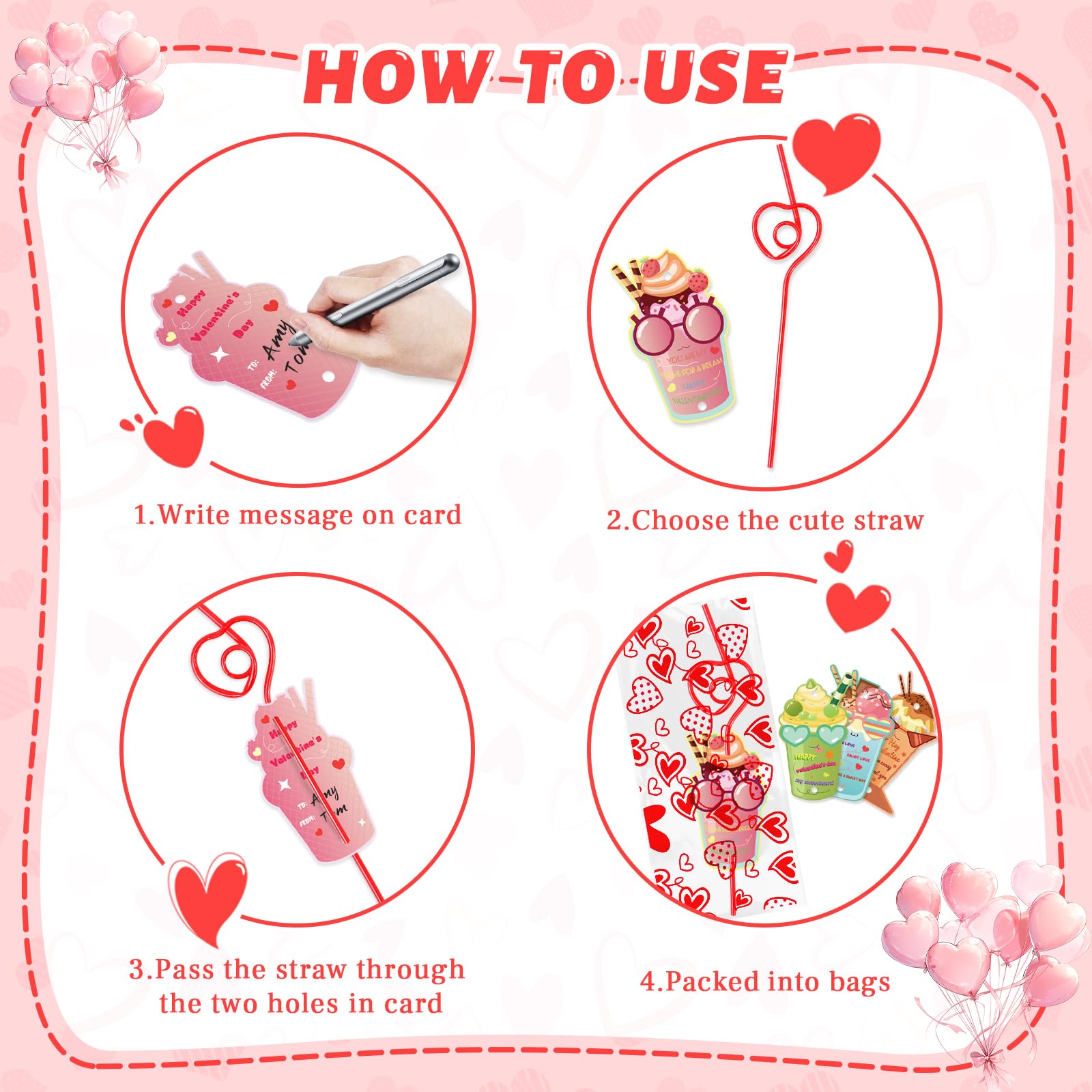 Valentines Day Cards With Straws, Set Of 32 Crazy Straw Valentines For Kids With Heart Bag, Valentine Exchange Card For Girls Bo
